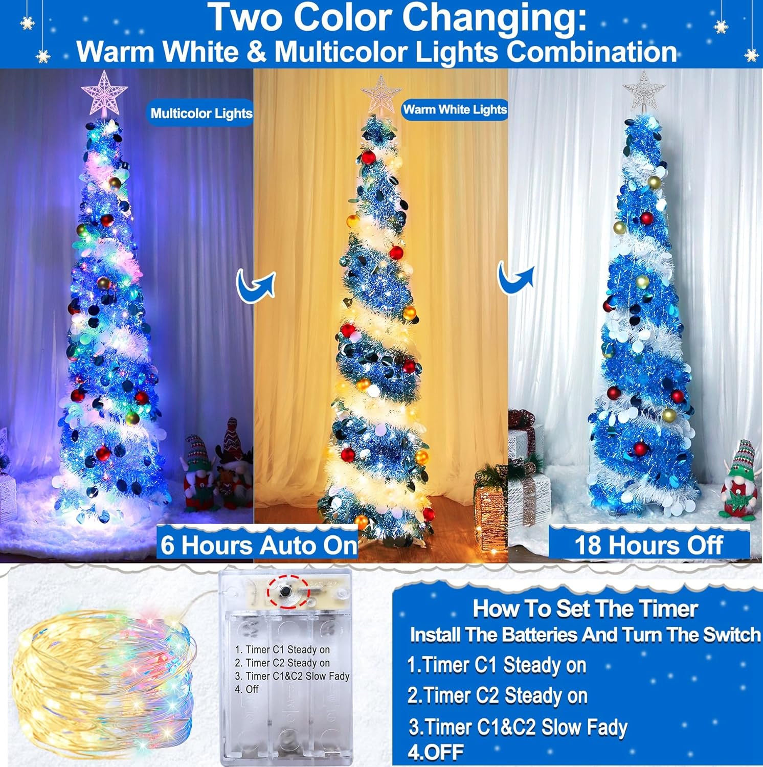 Interruptor y temporizador de doble color Árbol de Navidad de lápiz de 5 pies con 50 luces de cambio de color blanco cálido y multicolor, 10 bolas,