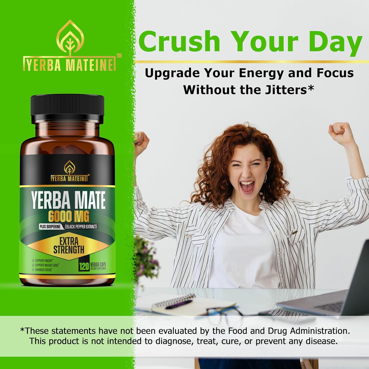 Yerba Mate extra fuerte de 6000 mg de alta potencia, 60 mg de cafeína por cápsula, píldoras de extracto de suplementos para energía natural limpia,