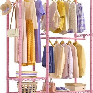 Raybee Perchero de ropa rosa de 80 pulgadas de alto, perchero resistente para colgar ropa, perchero con ruedas, estante portátil de alambre para Raybee Perchero de ropa rosa de 80 pulgadas de alto, perchero resistente para colgar ropa, perchero con ruedas, estante portátil de alambre para