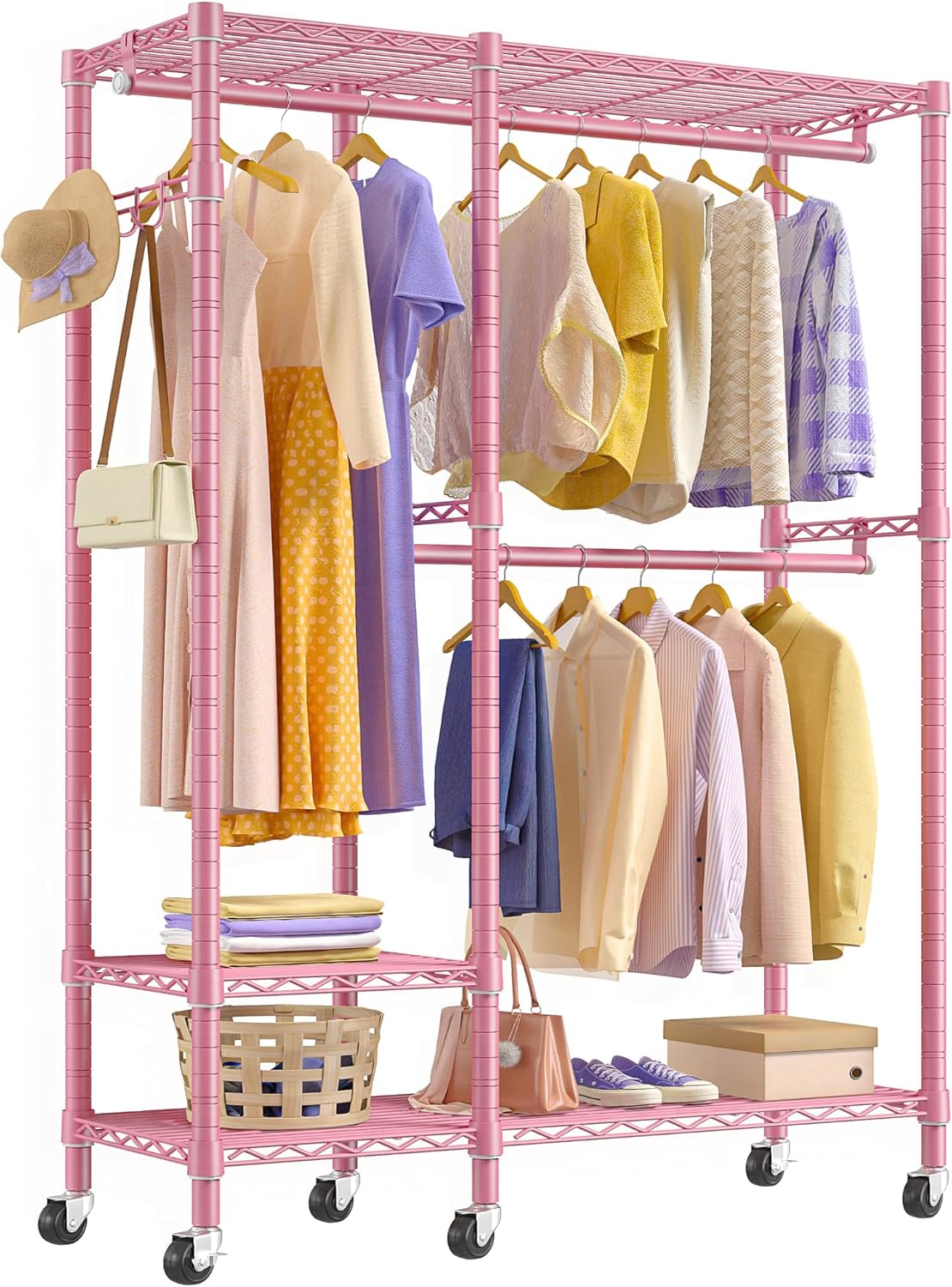 Raybee Perchero de ropa rosa de 80 pulgadas de alto, perchero resistente para colgar ropa, perchero con ruedas, estante portátil de alambre para