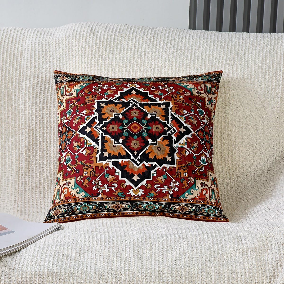 Juego de 2 fundas de almohada con diseño floral tribal de 20 x 20 pulgadas, fundas de almohada geométricas de flores rojas, verde azulado y verde,