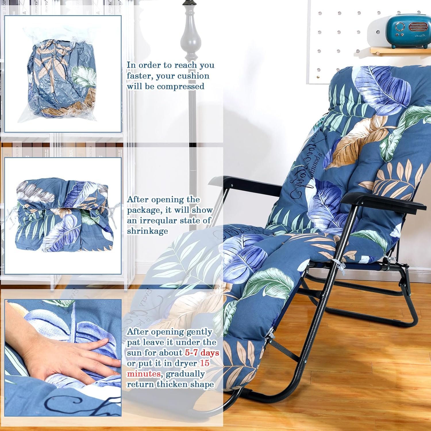 2 cojines para tumbona para exteriores, 67 x 21 pulgadas, para patio, con estampado floral, almohadillas gruesas de repuesto para muebles de
