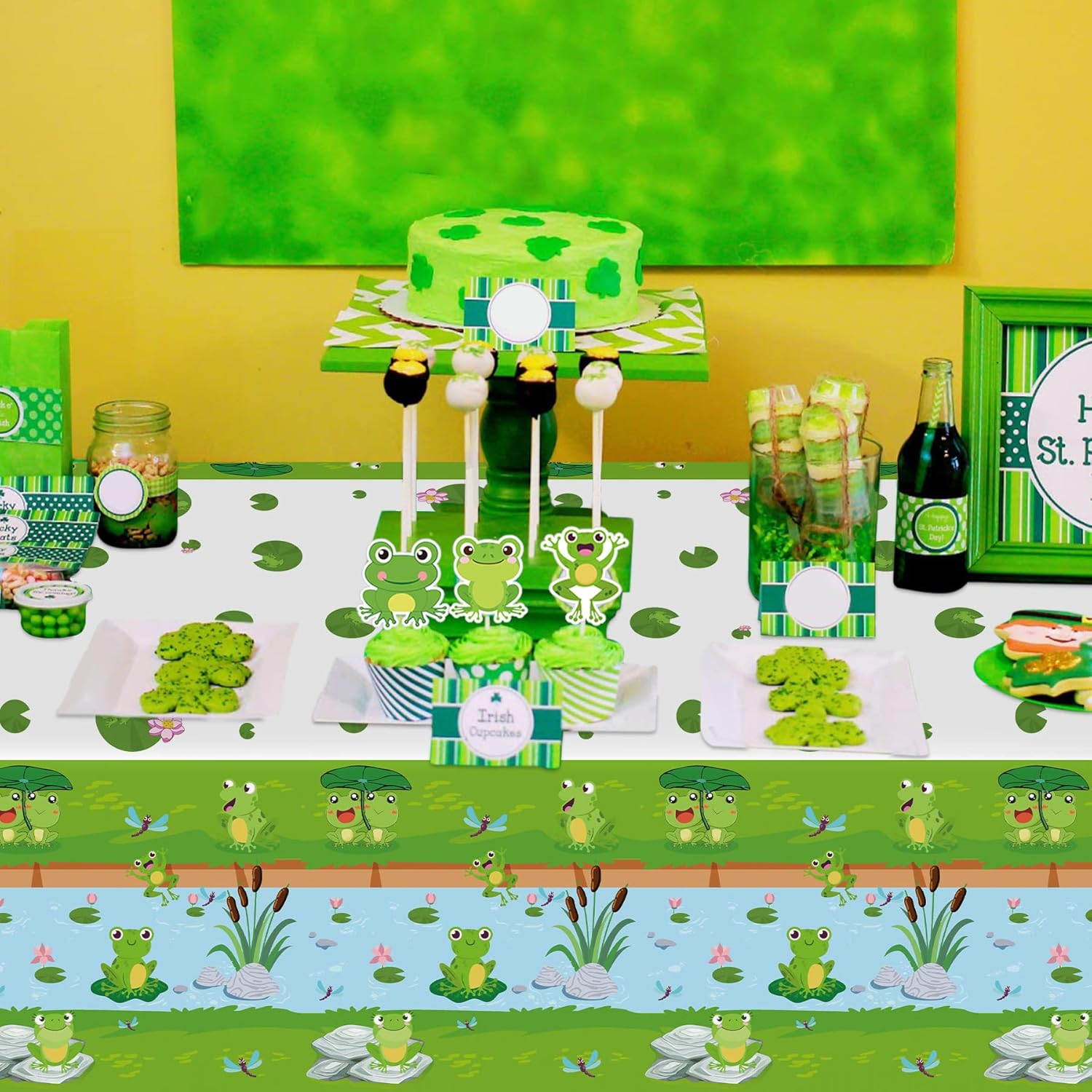 KEFAN Paquete de 4 manteles de rana para decoración de fiesta, manteles verdes para fiesta de cumpleaños, decoración de mesa rectangular, baby