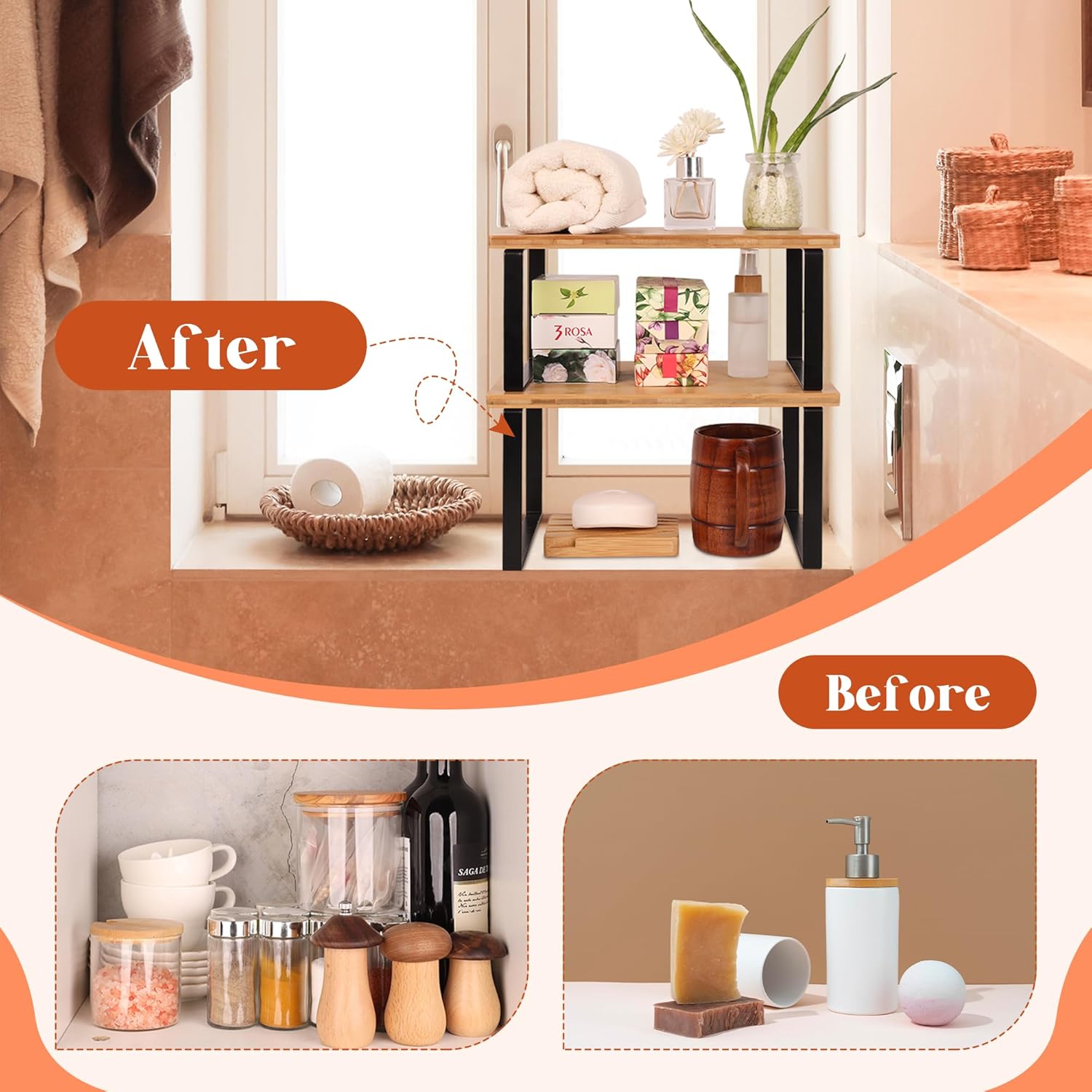 Organizador de estantes de cocina, estantes elevadores, apilables, ampliables para exhibición de especias, platos, tazas (paquete de 3, S, M y L,