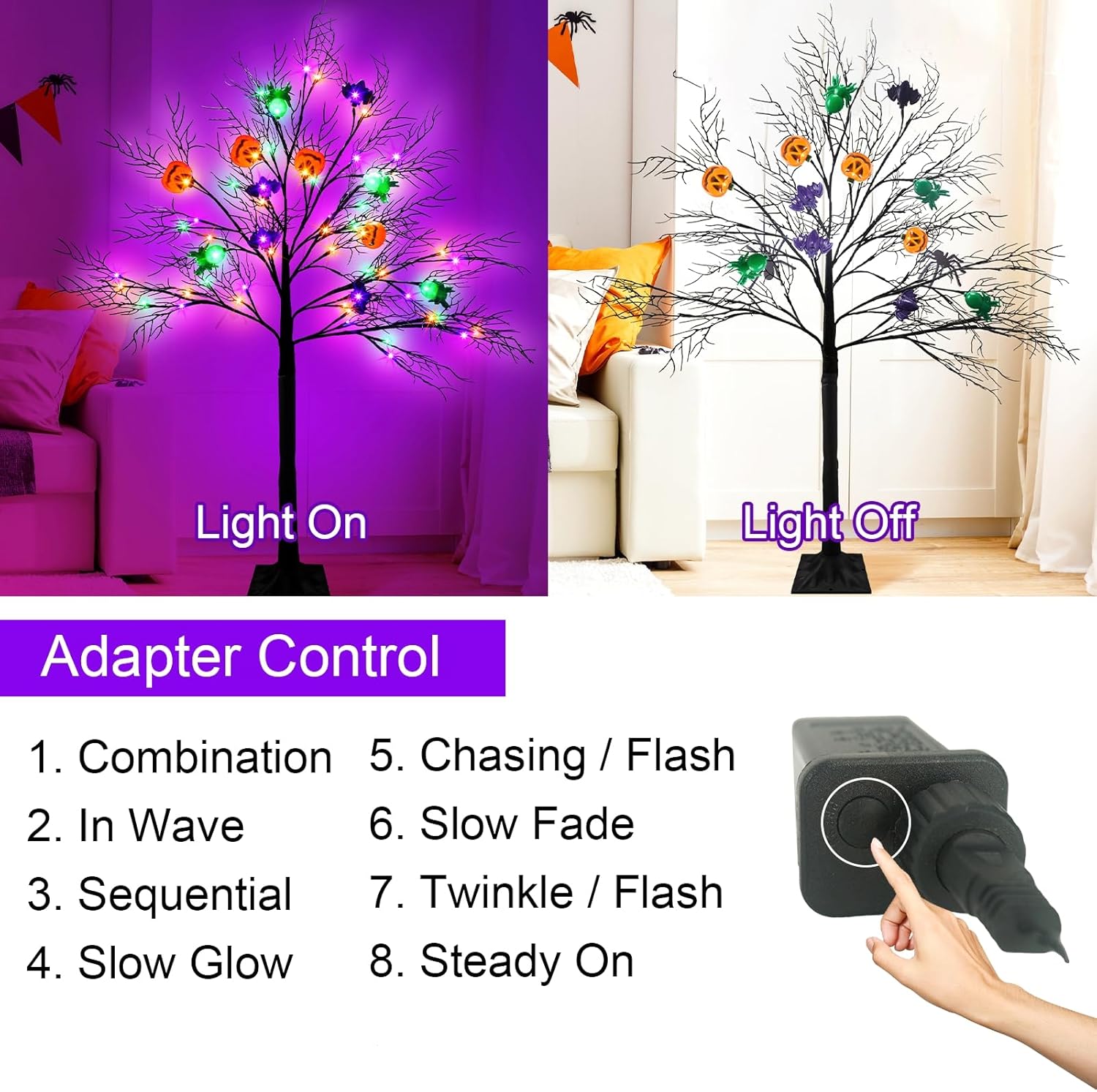 Decoración de árbol iluminado de Halloween de 4 pies, color naranja y morado con 8 modos, 56 LED con iluminación 3D, 12 calabazas, murciélagos y