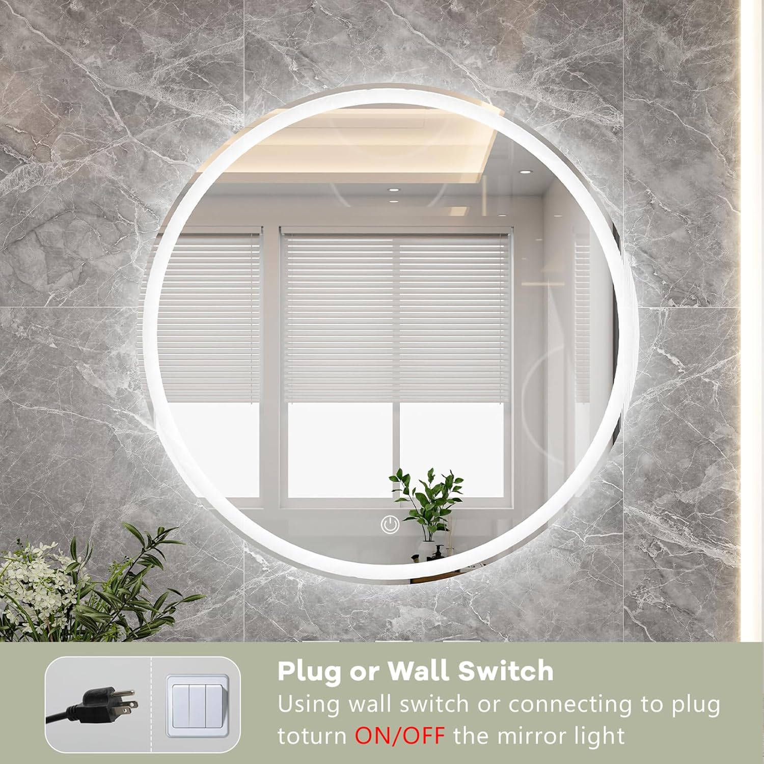 Espejo redondo de tocador con luces de 24 pulgadas para baño, espejos circulares iluminados con película inastillable para decoración de pared,