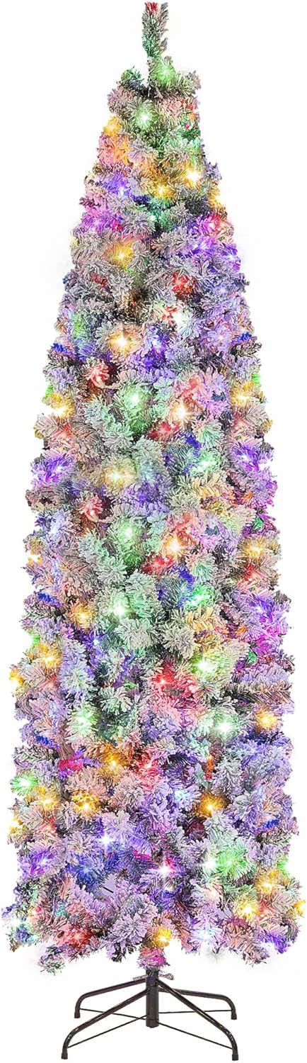 Árbol de Navidad preiluminado de 6 pies, árbol de Navidad delgado artificial con 250 luces LED multicolor y blanco cálido para decoración de Navidad