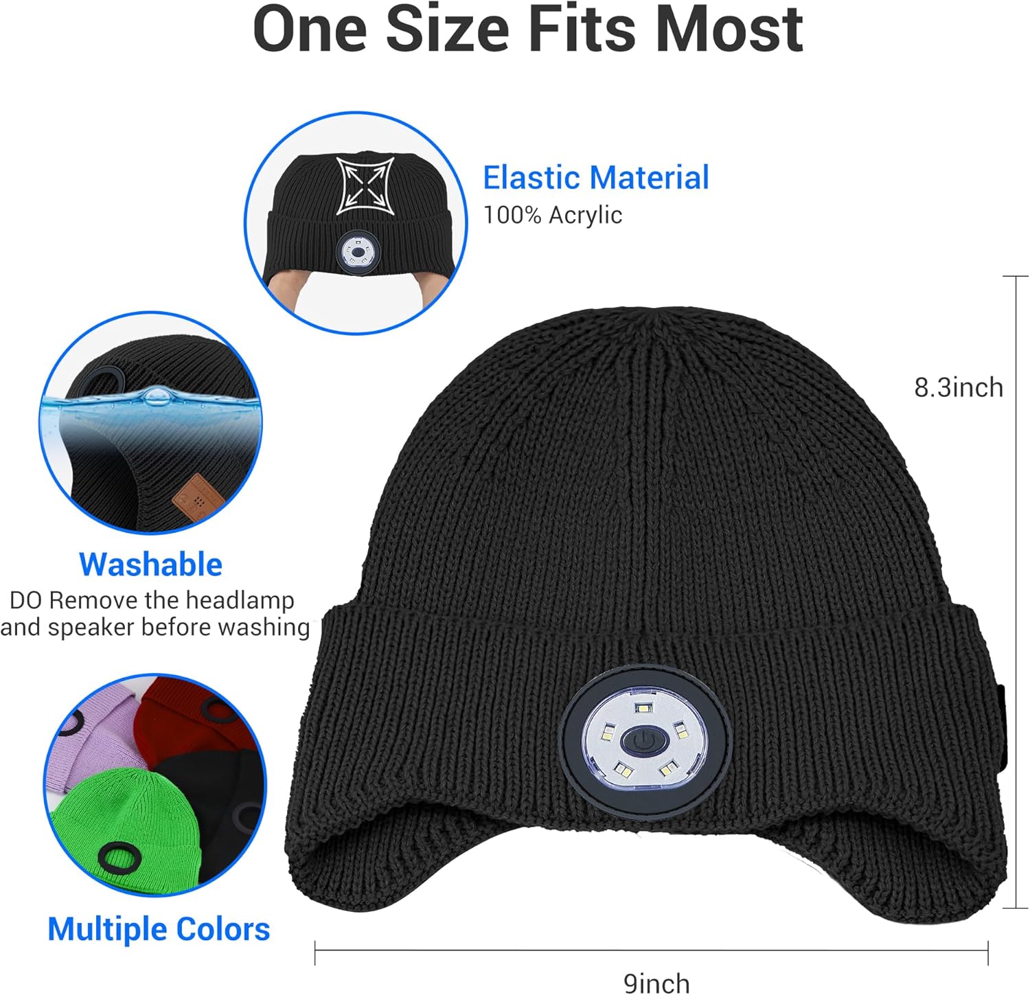 Gorro Bluetooth con luz LED para niños, micrófono integrado y altavoces estéreo, gorro de punto con música recargable por USB (negro, niño)