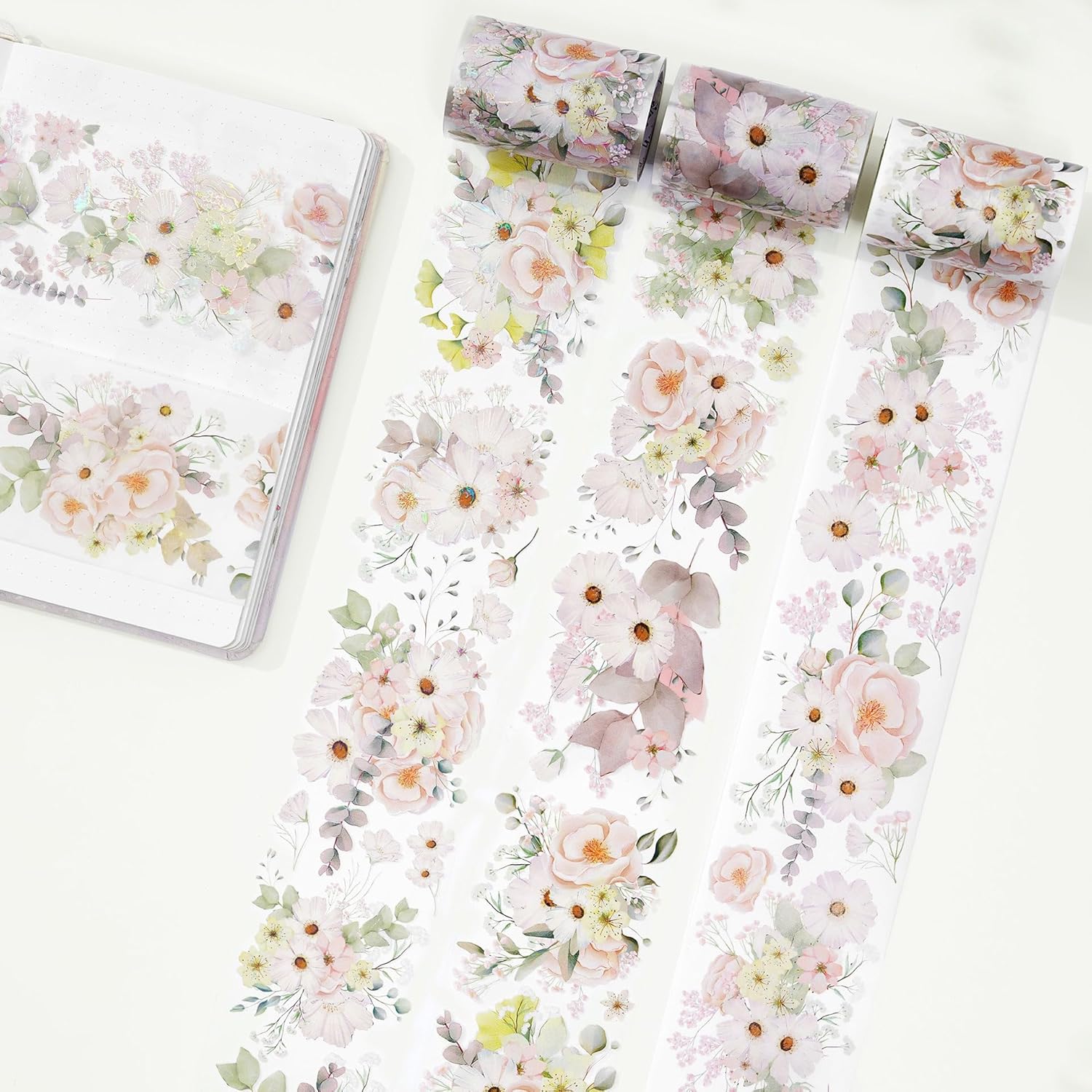 WT Cinta de PET ancha rubor, rollo individual, diseños originales, cinta decorativa de flores rosas acuarelas, cinta adhesiva transparente