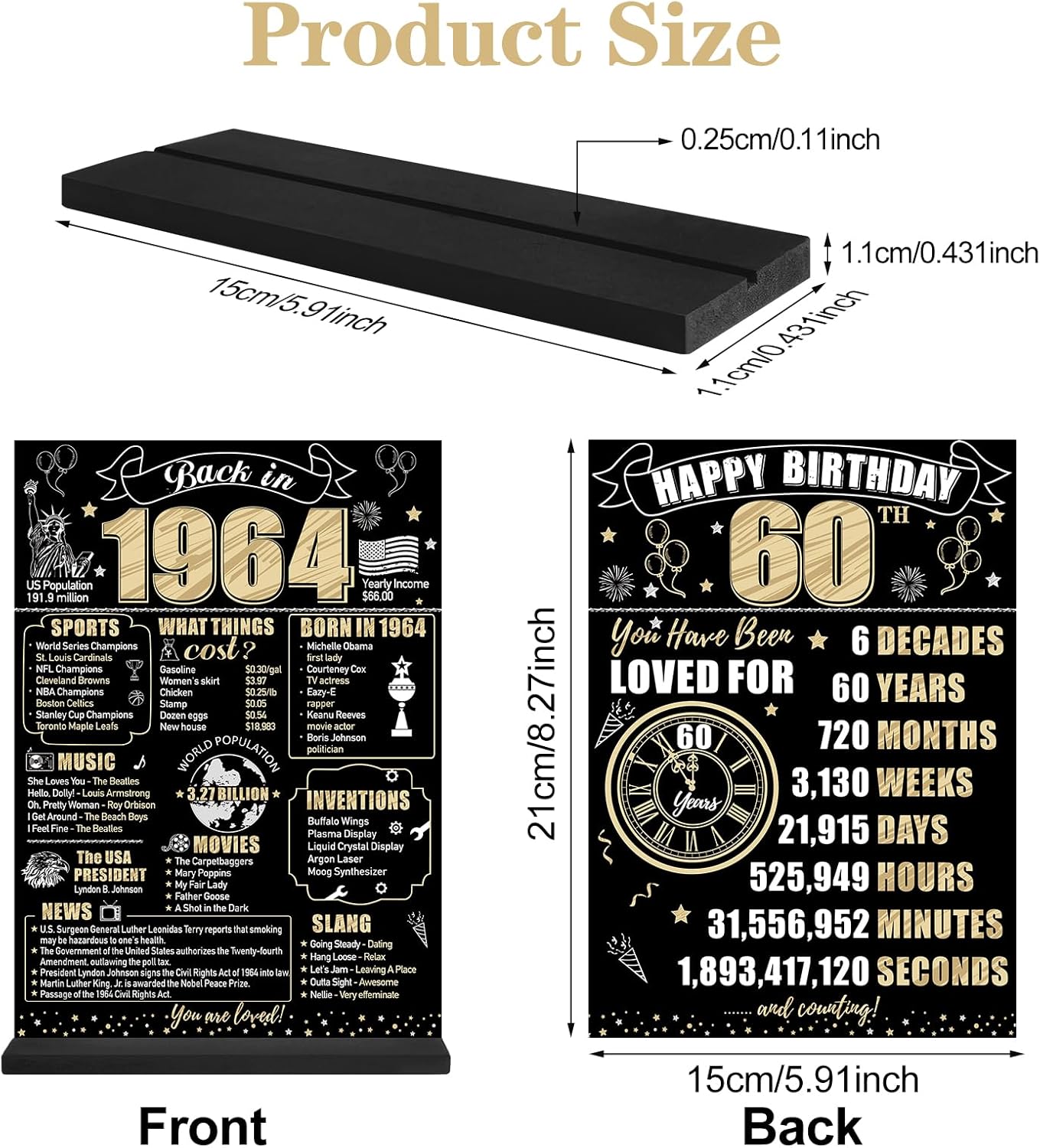Cartel de mesa de 60 cumpleaños negro y dorado para hombres y mujeres, póster de madera vintage de 60 cumpleaños de dos caras con soporte para