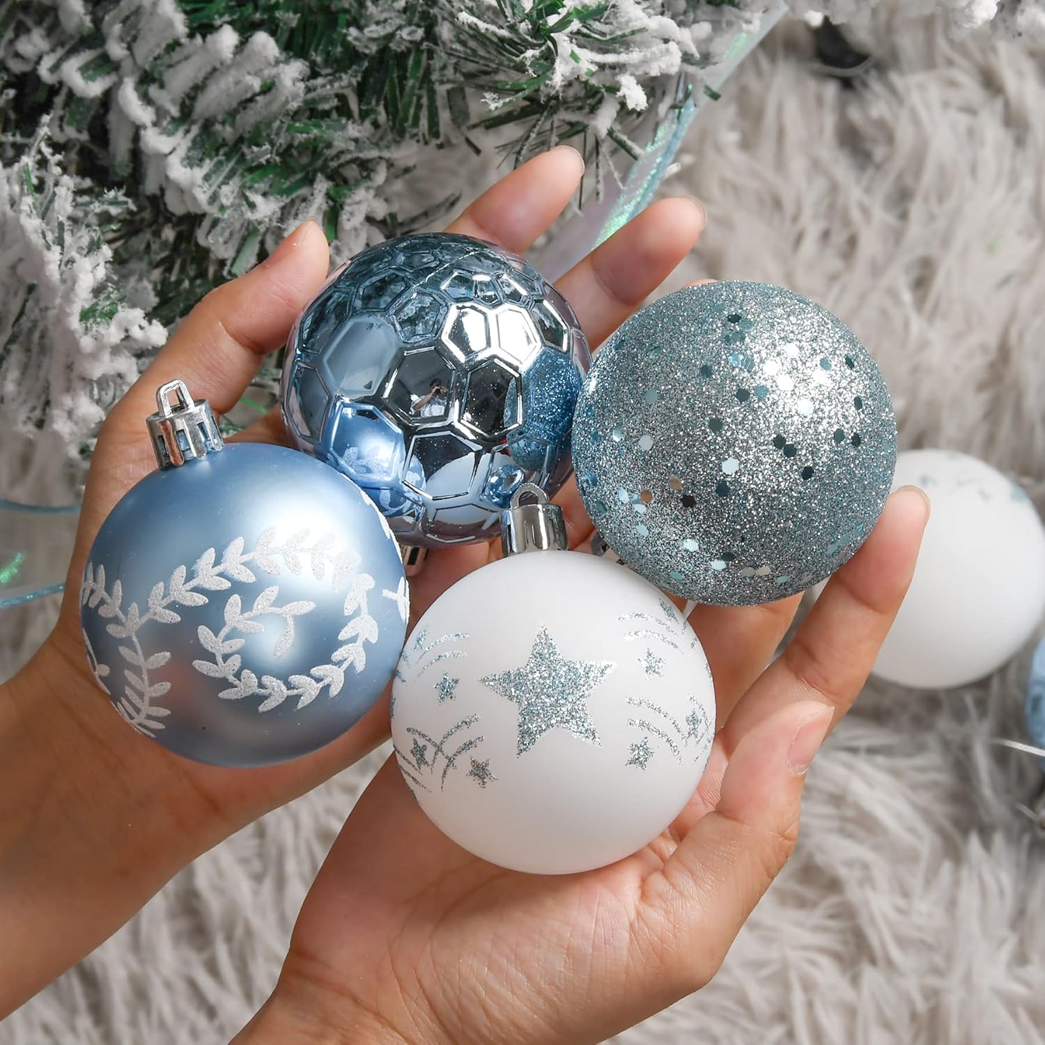 Adornos para árbol de Navidad azul y blanco decoraciones de Navidad, bolas de Navidad inastillables, adorno pequeño, 2.362 in  2.36 pulgadas, juego