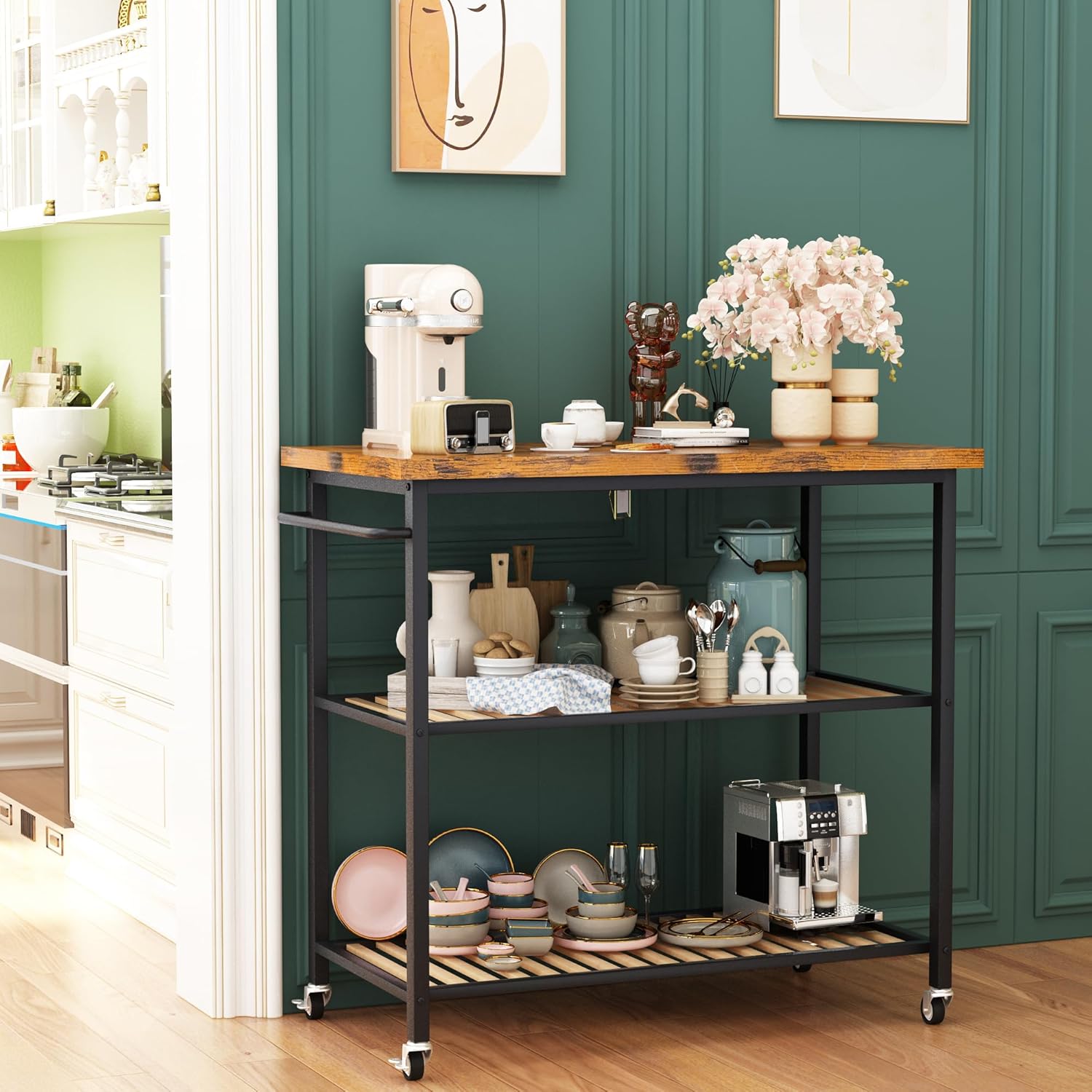 Hooseng Isla de cocina con almacenamiento, carrito de isla de cocina con 3 estantes, isla de cocina rodante, pequeña isla de cocina con marco de