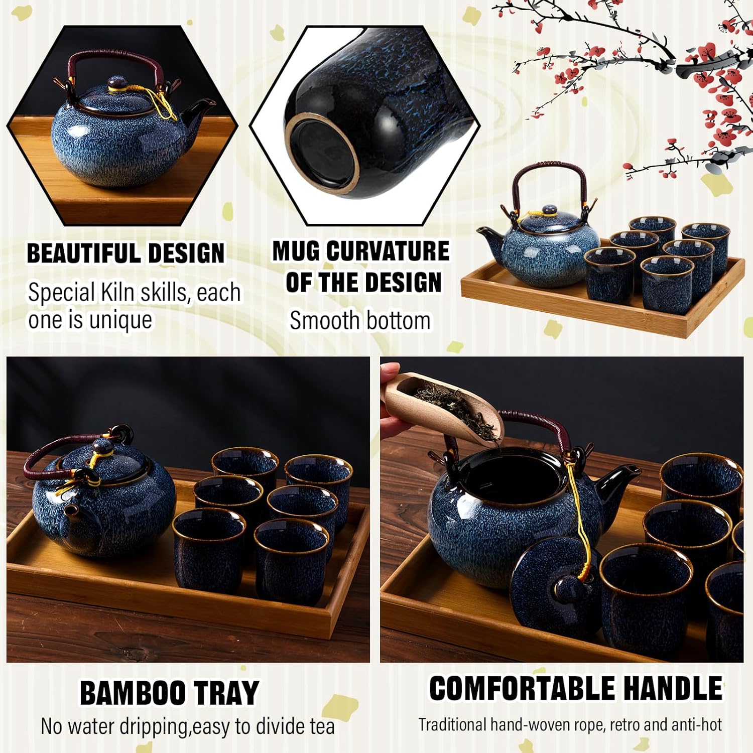 Juego de té asiático en caja de regalo, juego de té japonés con 1 tetera, 6 tazas de té, 1 bandeja de té, tradicional, azul, portátil, japonés,