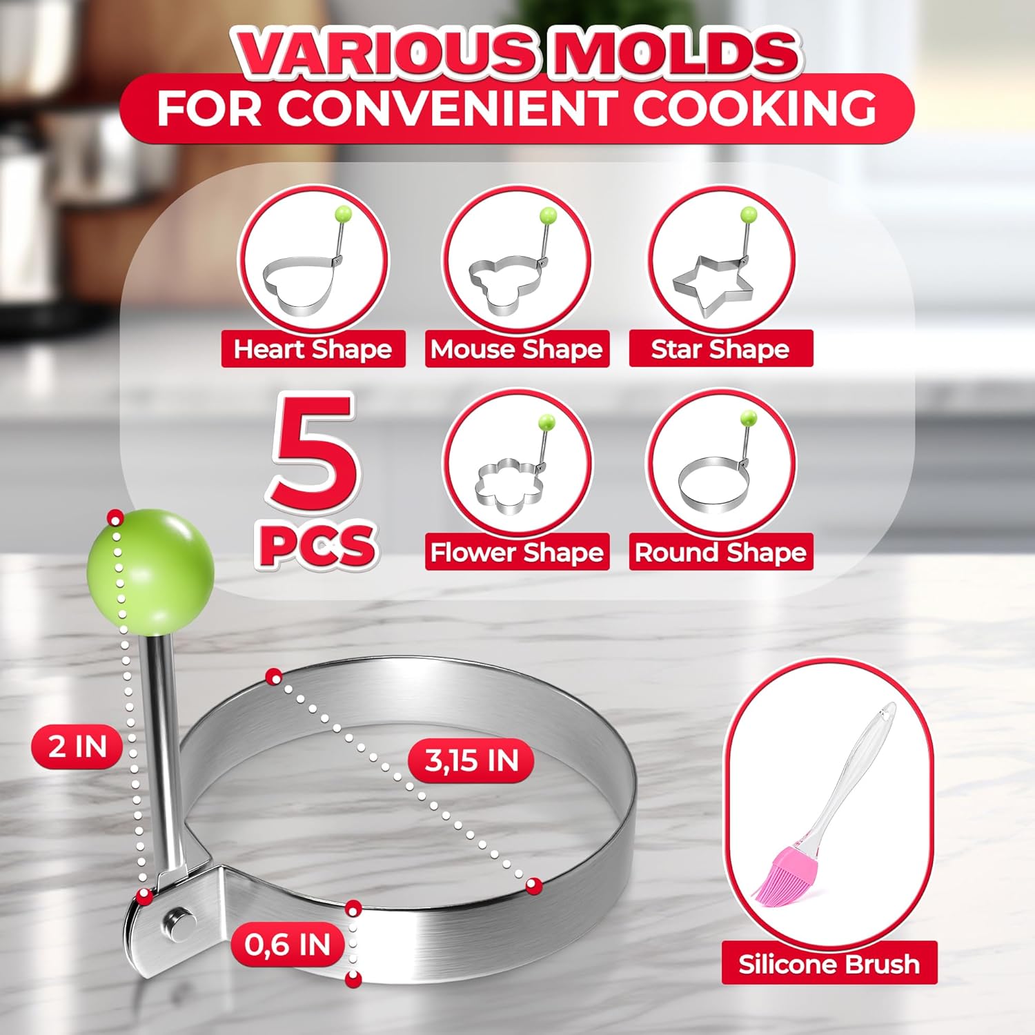 Moldes de anillo de acero inoxidable para cocinar, 5 piezas de formas de panqueques para niños, moldes de anillos de cocina para parrilla, anillos