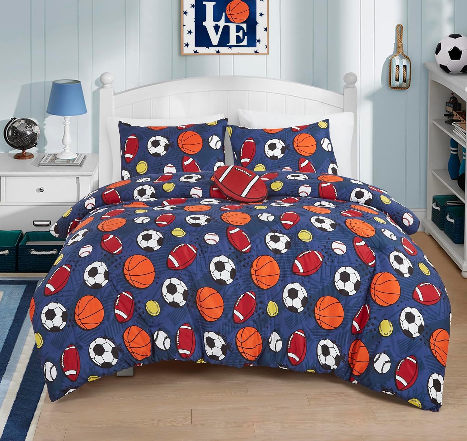 Chezmoi Collection Juego de edredón de 4 piezas con diseño de pelotas deportivas para niños, tamaño matrimonialqueen, microfibra suave, azul marino,