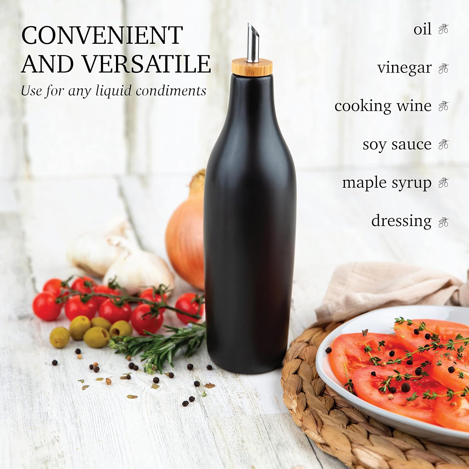 kitchentoolz Botella dispensadora de aceite de oliva negro, recipiente de cerámica de 16 onzas para AOVE o vinagre, diseño de mostrador de cocina