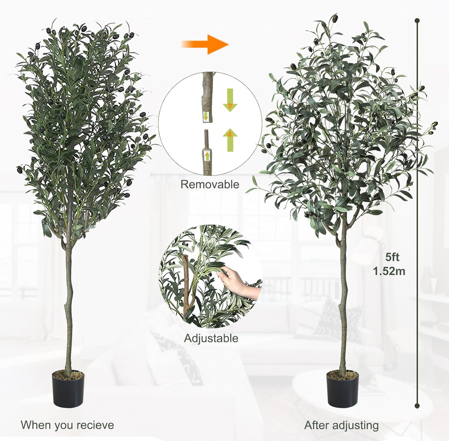 Olivos artificiales de 5 pies, olivo artificial para interiores, para oficina, decoración del hogar, plantas falsas altas de interior con tronco