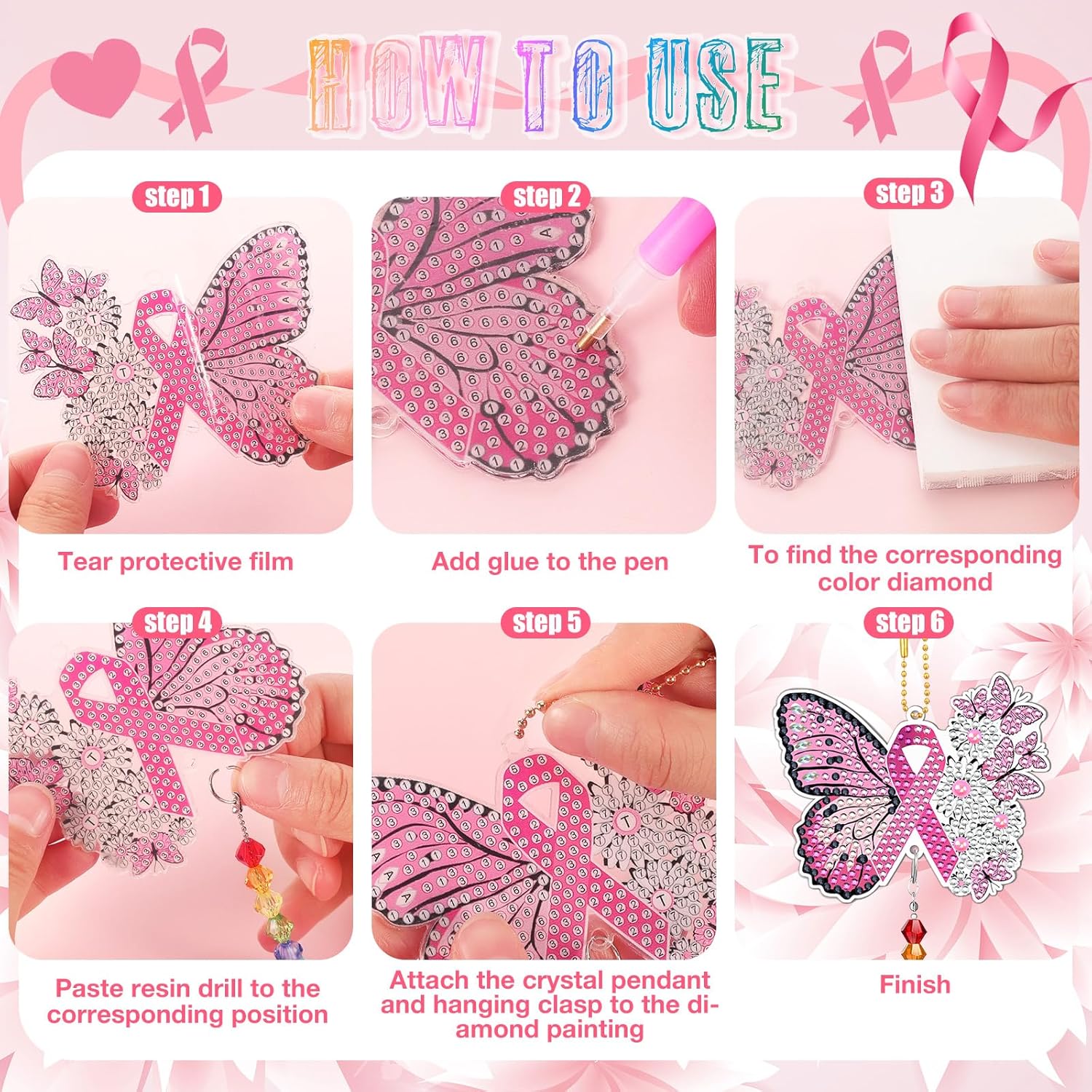 Tradder Juego de 6 piezas de pintura artística de diamante, campanillas de viento, concienciación sobre el cáncer de mama, kit de pintura de arte de