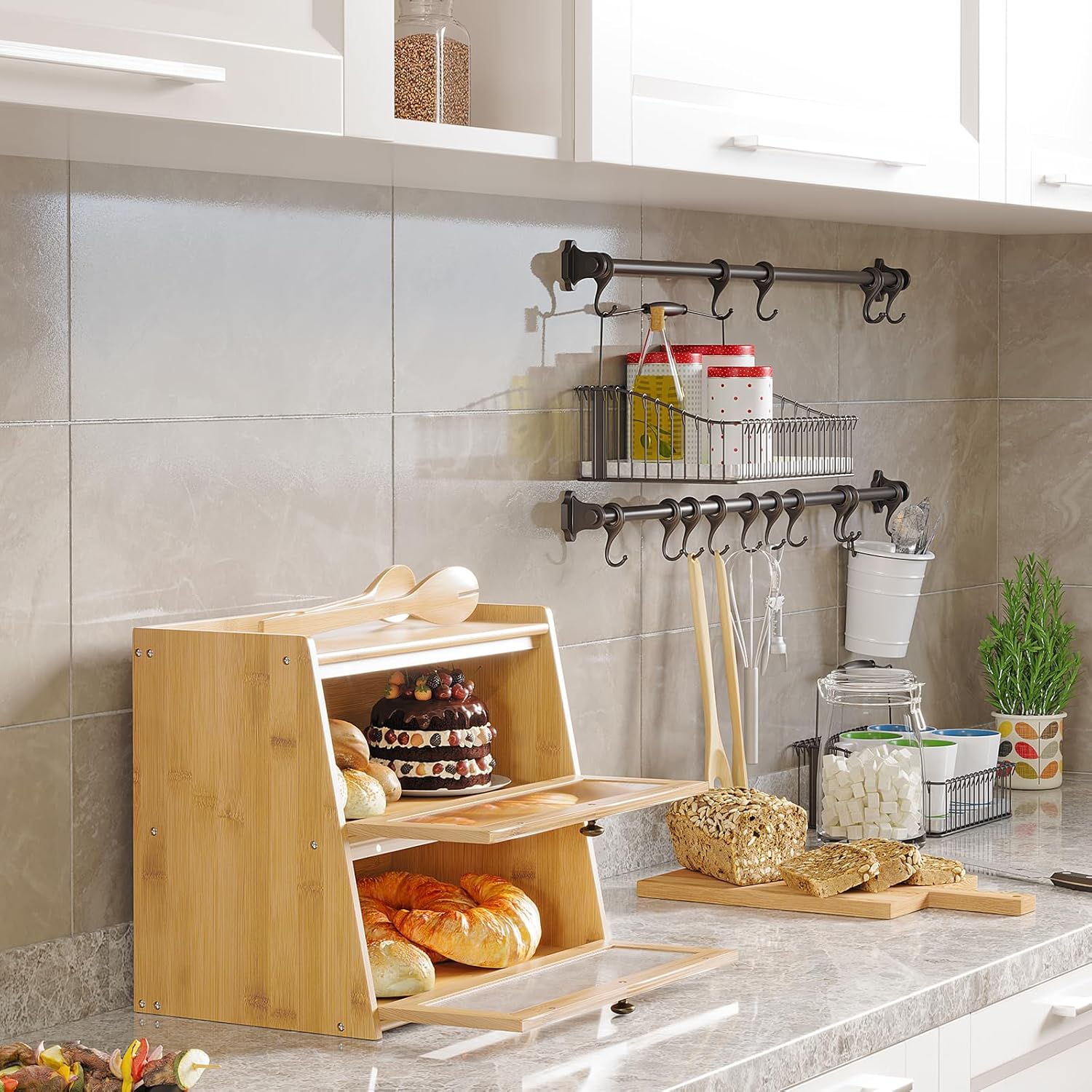 K KELBEL Panera para encimera de cocina, contenedor de almacenamiento de pan de bambú de doble capa de madera de gran capacidad con soporte para pan
