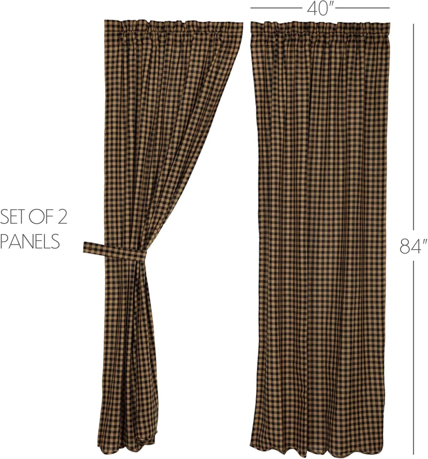 VHC Brands Juego de 2 paneles festoneados a cuadros negros de 84 x 40 pulgadas, diseño rústico rural, negro y bronceado