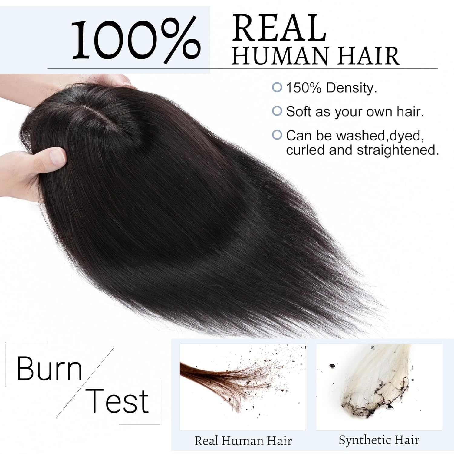 Toppers para el cabello para mujer, cabello humano real con flequillo, base de seda, 150 % de densidad, extensiones de cabello con clip, piezas de