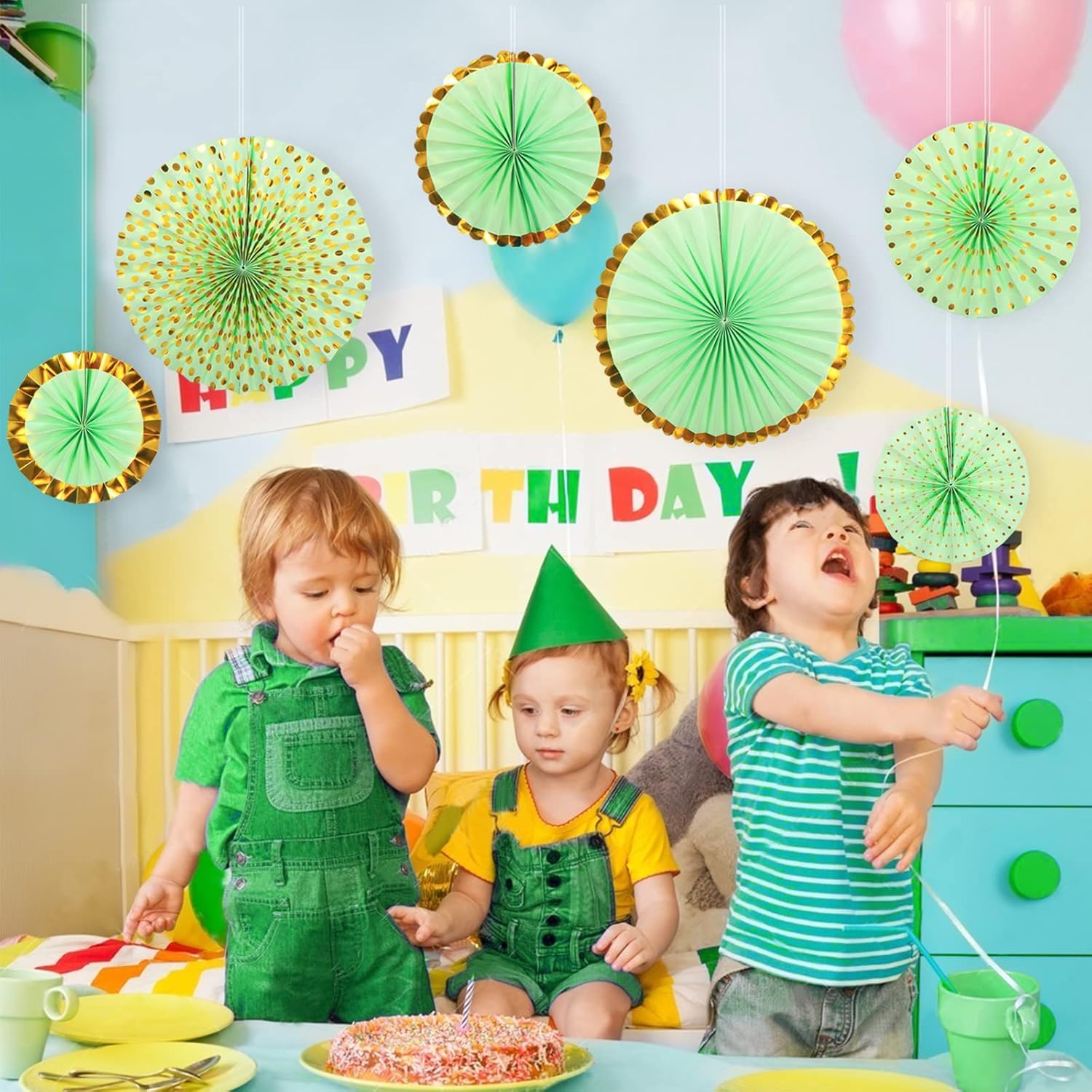 ADLKGG Abanicos de papel colgantes verdes con patrón redondo, guirnaldas de papel para decoraciones de fiesta para graduación, baby shower,