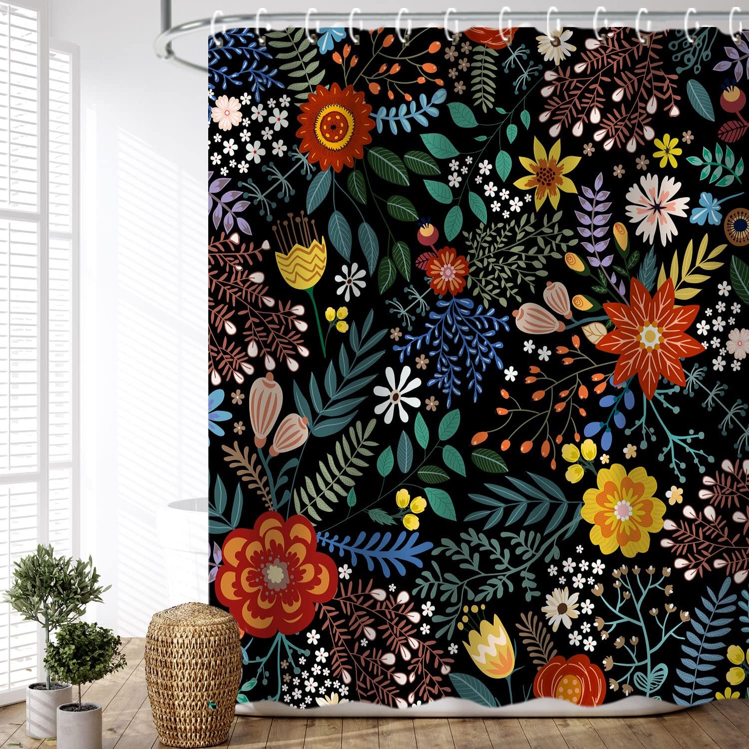 LIVILAN – Juego de cortina bohemia de color negro para duchabaño de flores coloridas, con 12 ganchos, de 72 pulgadas de ancho x 84 pulgadas de alto
