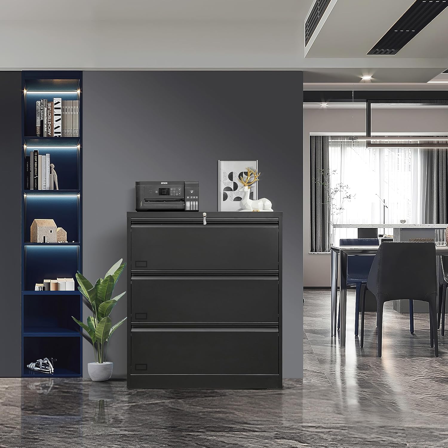 Archivador lateral con cerradura, archivadores laterales de metal inoxidable de 3 cajones, gabinetes de almacenamiento para oficina en casa para
