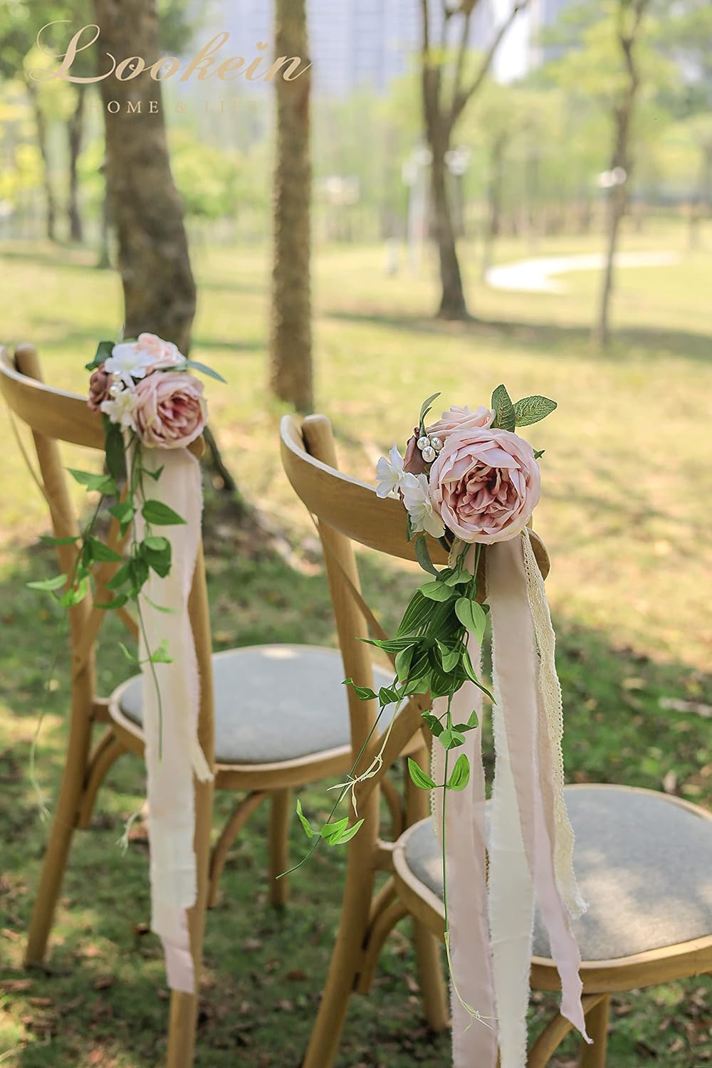 Lookein Juego de 8 flores de banco para ceremonia de boda, decoración de silla, decoración de banco, decoración de silla de pasillo de boda, rosa