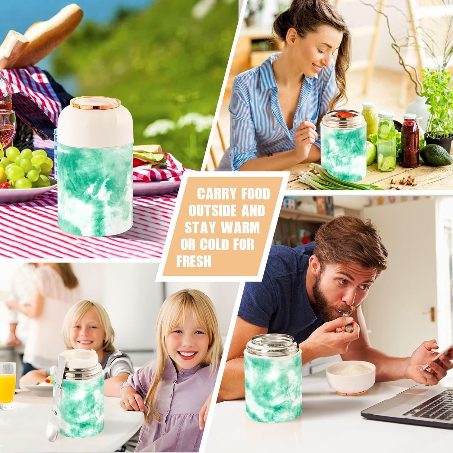 Tarro de comida verde Tie Dye con cuchara de acero inoxidable aislado al vacío contenedor de alimentos de 17 oz termo de alimentos para alimentos