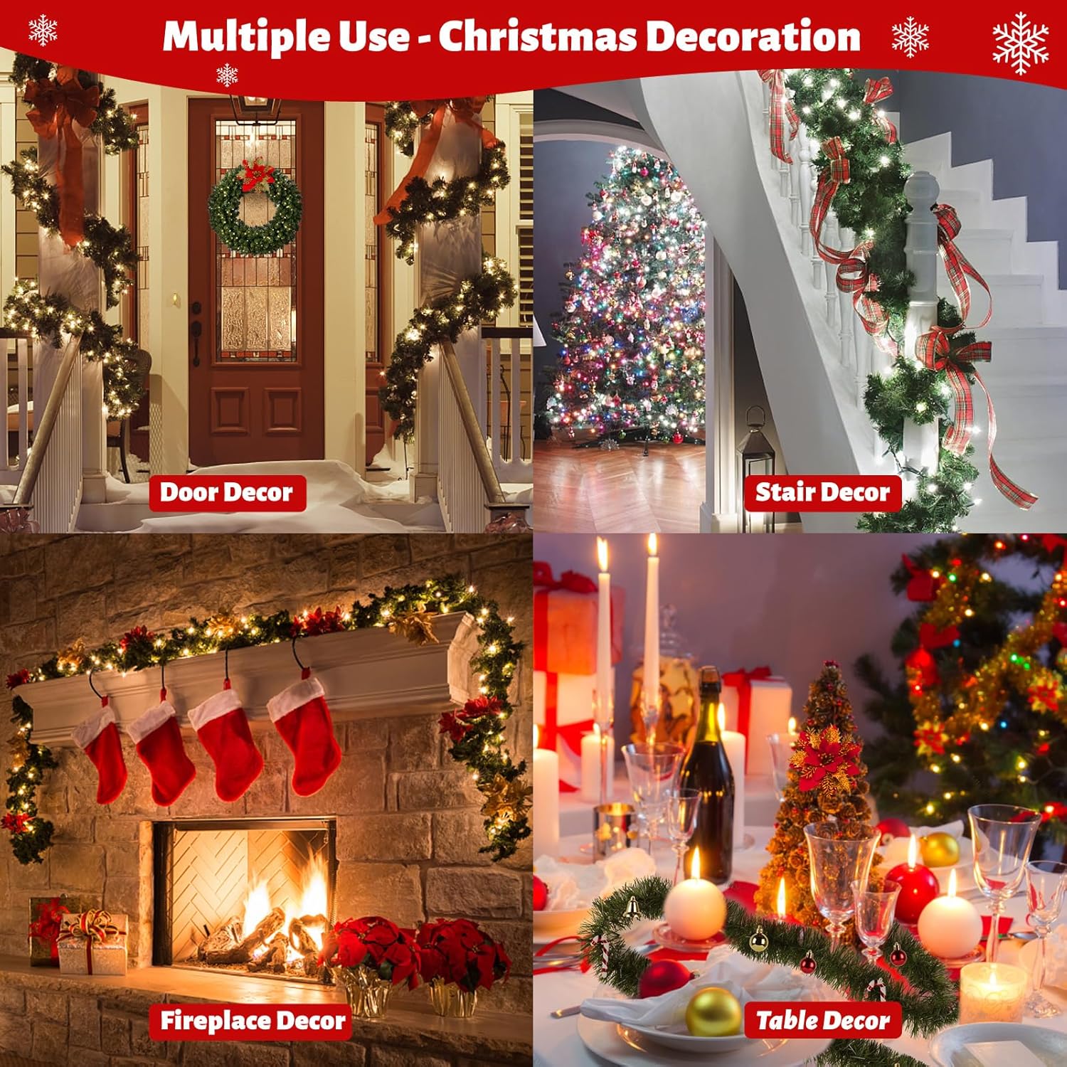 Paquete de 5 guirnaldas de Navidad de 250 pies para Navidad y no iluminadas, decoración de vacaciones suave para interiores y exteriores, guirnalda