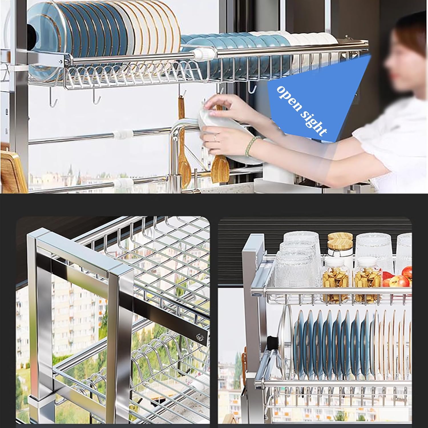 LONONE Escurridor de platos para colocar sobre el fregadero, escurridor de platos grande ajustable para encimera de cocina, acero inoxidable 304, 2