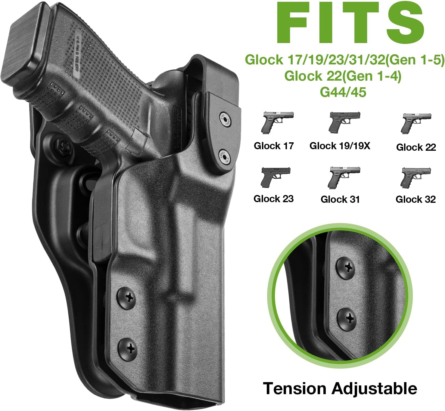 Funda de retención de nivel IInivel III, compatible con Glock 17193132 (Gen 1-5), G2223 (Gen 1-4), G19X 44 45. Funda de accesorios para cinturón de