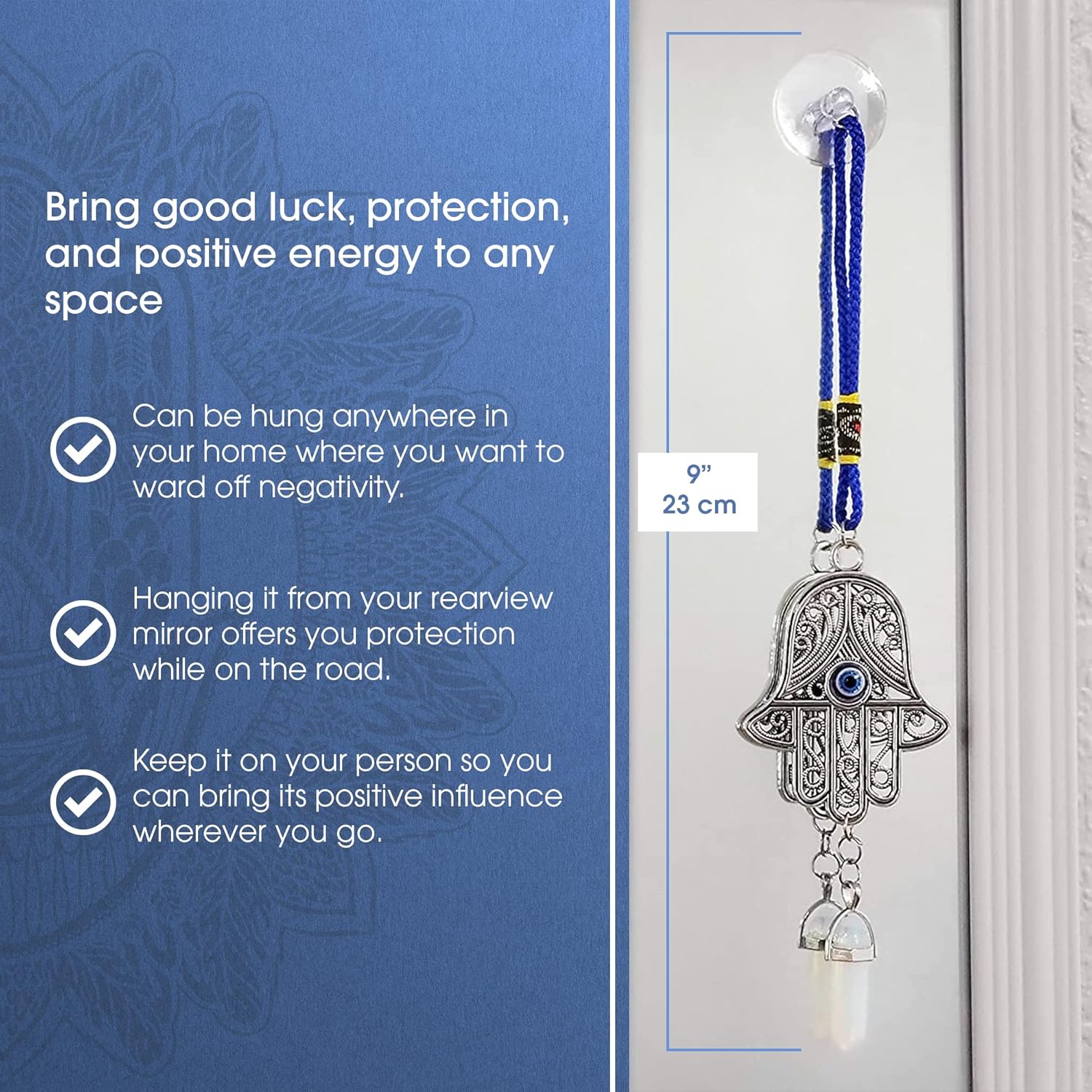 Silver Ornate Hamsa Hand Jeweled Keychain – Evil Eye Protection, Hanging Gemstone – Good Luck Charms 1.8″x9″