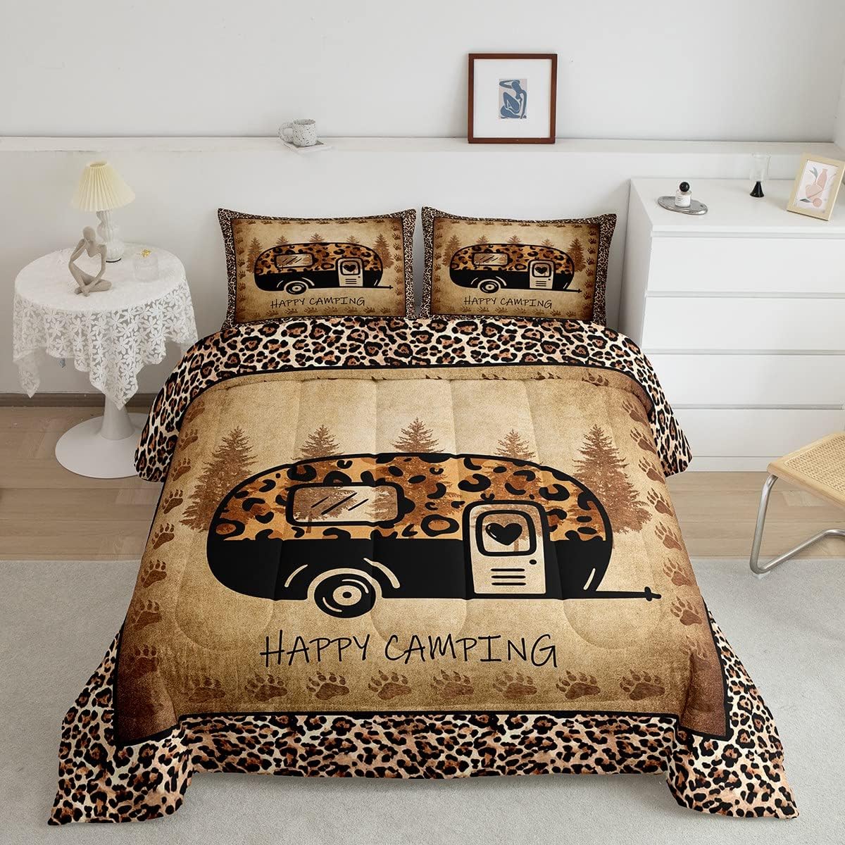 Erosebridal Happy Camping – Juego de ropa de cama con estampado de guepardo, tamaño Queen para niñas y mujeres, con estampado de animales, lindo
