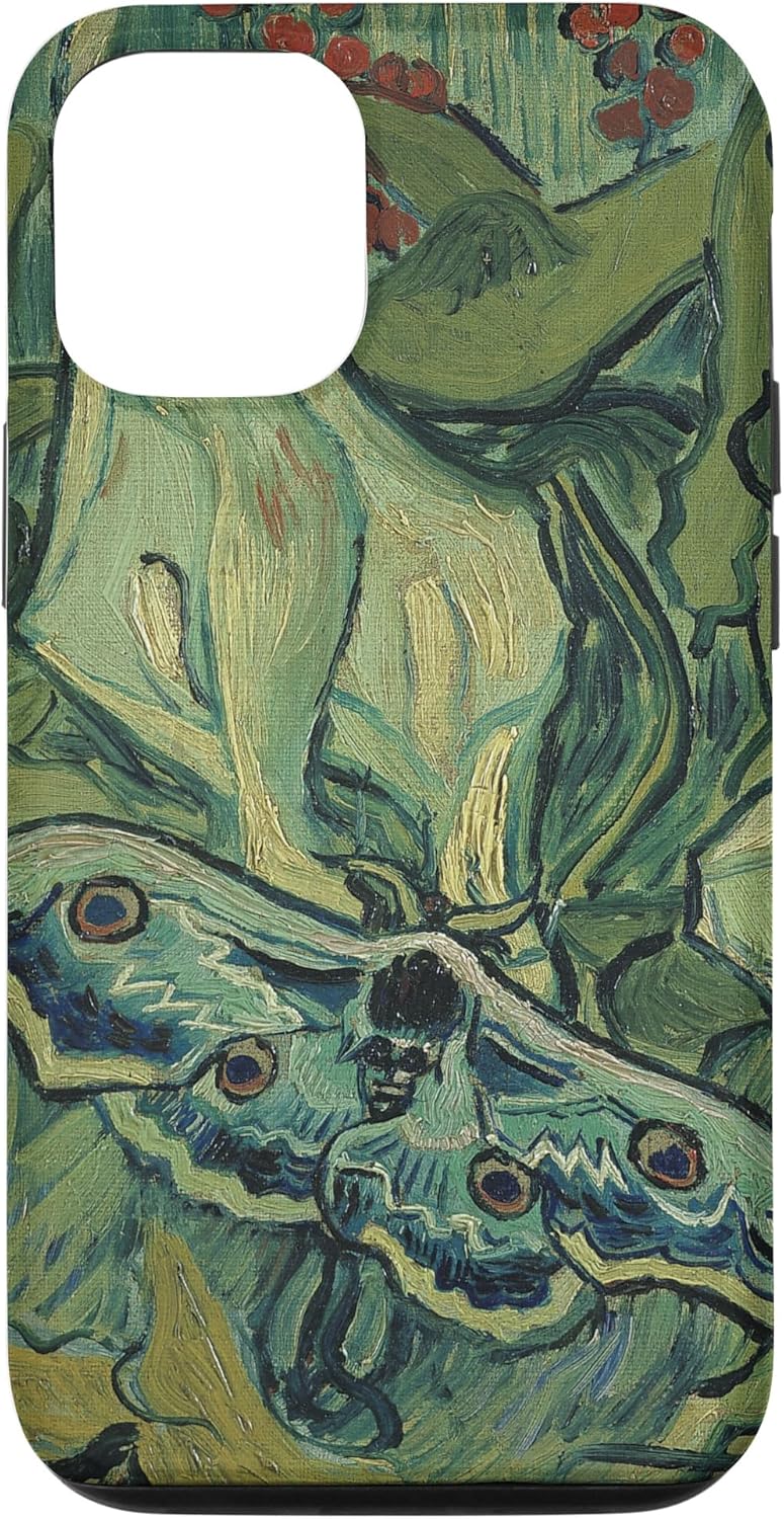 iPhone 13 gran polilla pavo real de Vincent van Gogh, insecto en una caja de jardín