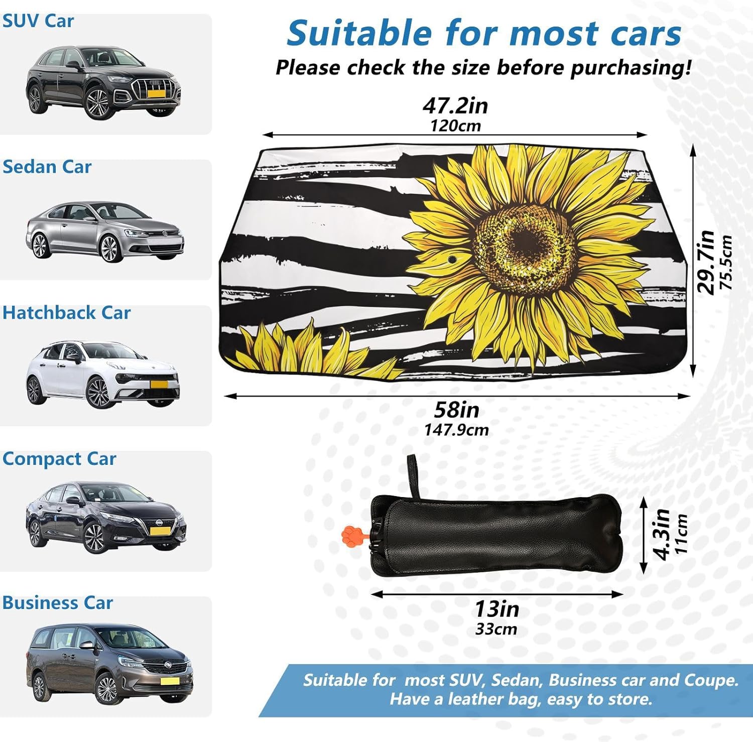 Sunflowers Flower Black and White Stripes Sun Visor for car Windshield Foldable Sunscreen Women accesorios Protector Solar para carros