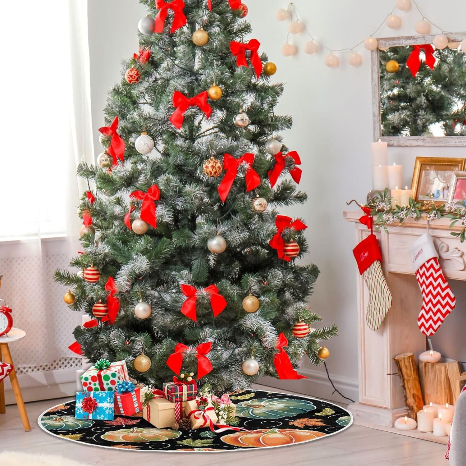 Pumpkin Falling Leaves Xmas Tree Skirt, Tree Skirt Decorations, 47.2 in Tree Skirt Washable, Fall Decoration