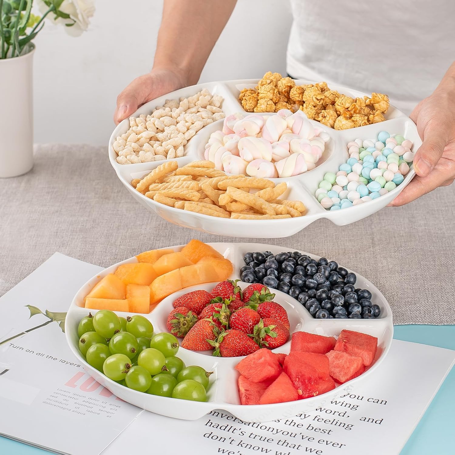 DELLING Bandeja de porcelana dividida para servir, bandeja de 12 pulgadas para servir chips y inmersión, bandeja de compartimento de 5 secciones,