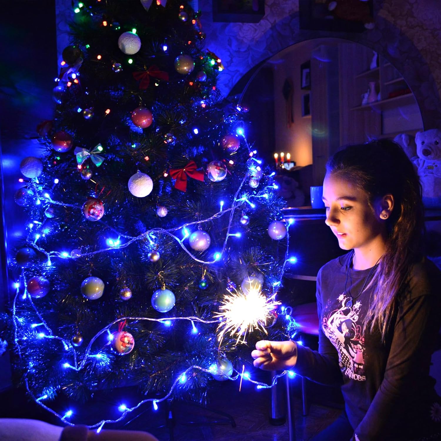 100 luces LED de Navidad de 33 pies para exteriores, 8 modos, tira de luces de Navidad con cable transparente con memoria de tiempo, tira de luces