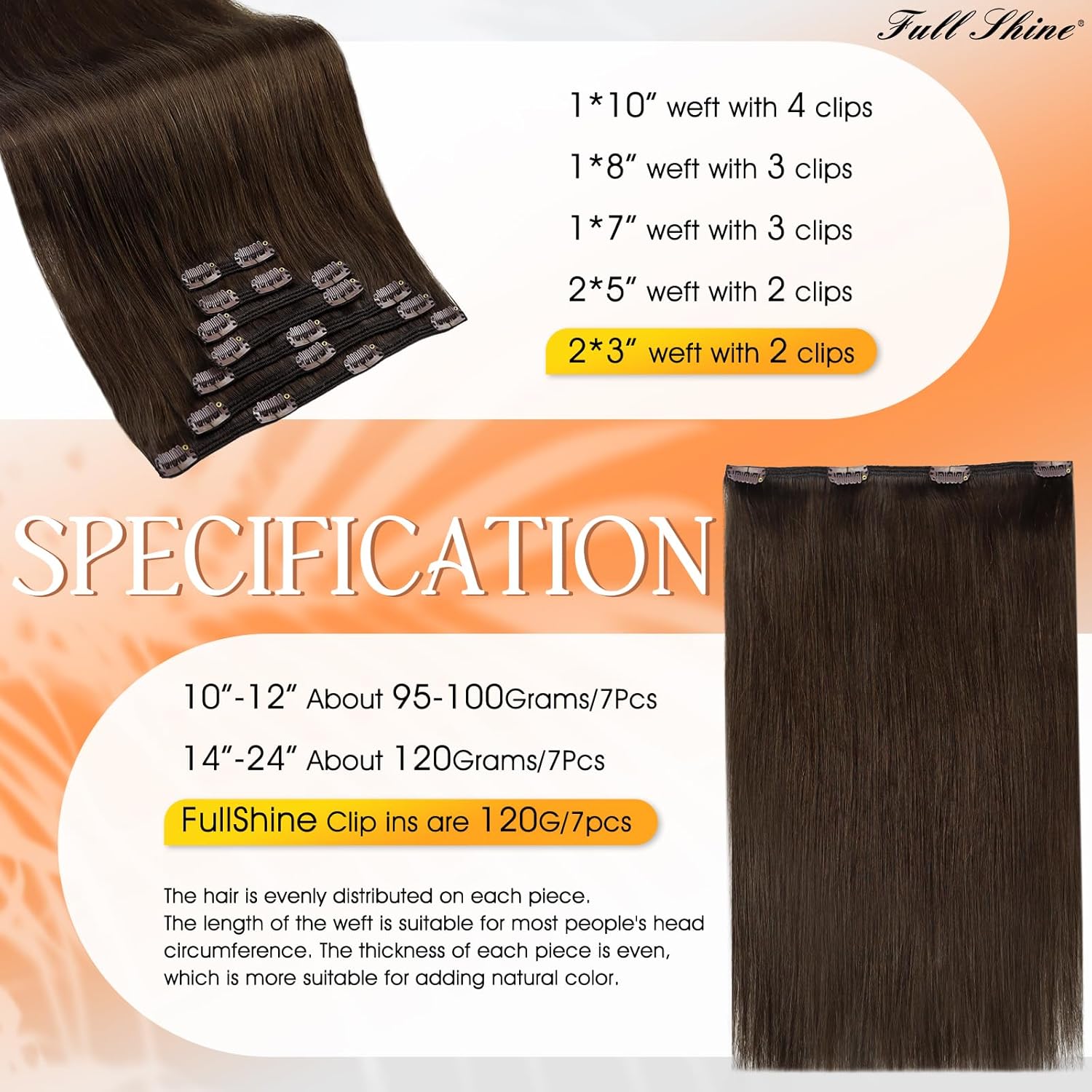 Full Shine – Extensiones de clip de cabello humano Remy – Extensiones invisibles doble capa – Castaño oscuro – 7piezas, 20pulgadas, 4.2onzas