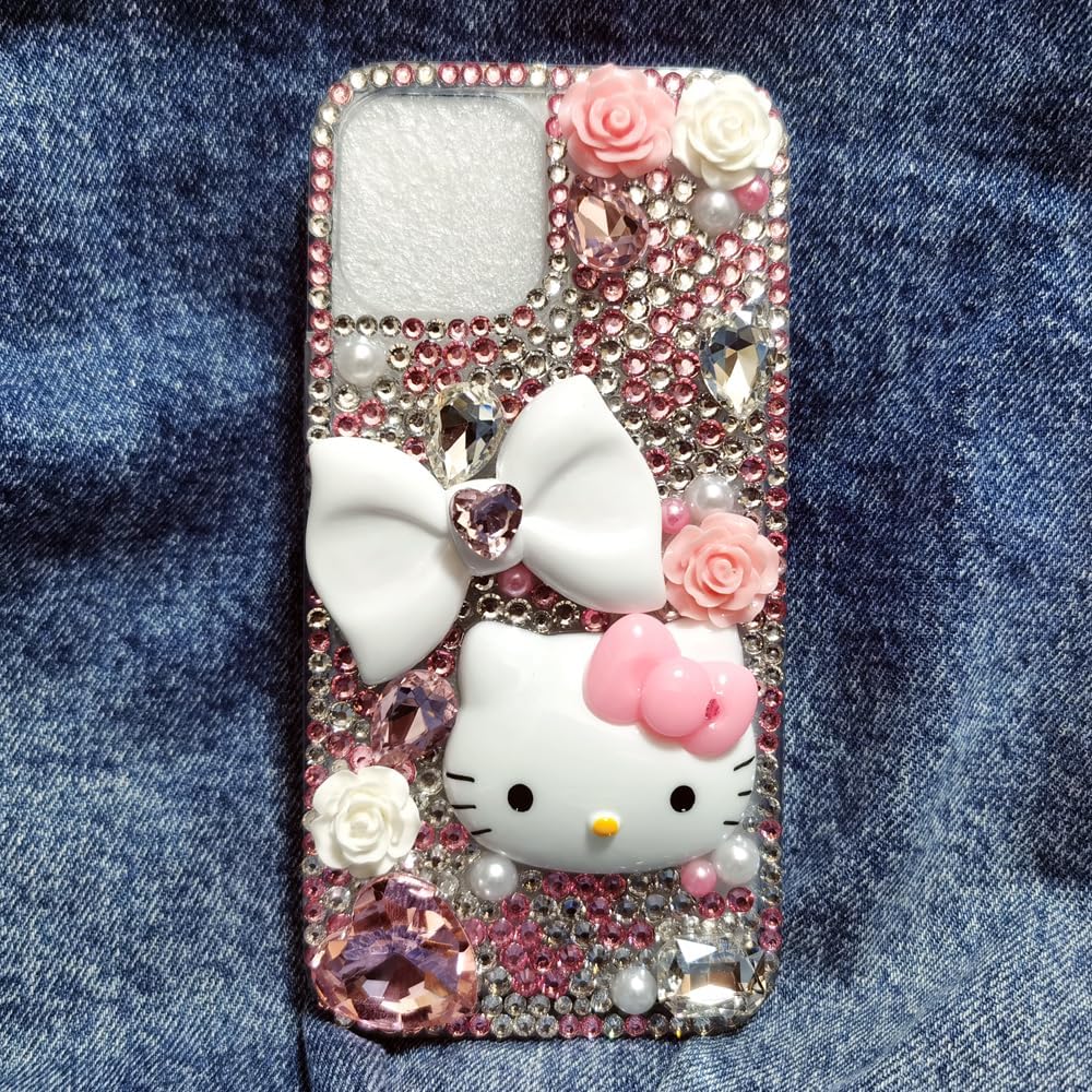 Victor – Funda de silicona para iPhone 14, 13, 12, 11 KT, con diseño de gato, diseño de gato con diamantes de imitación en 3D, hecha a mano (iPhone