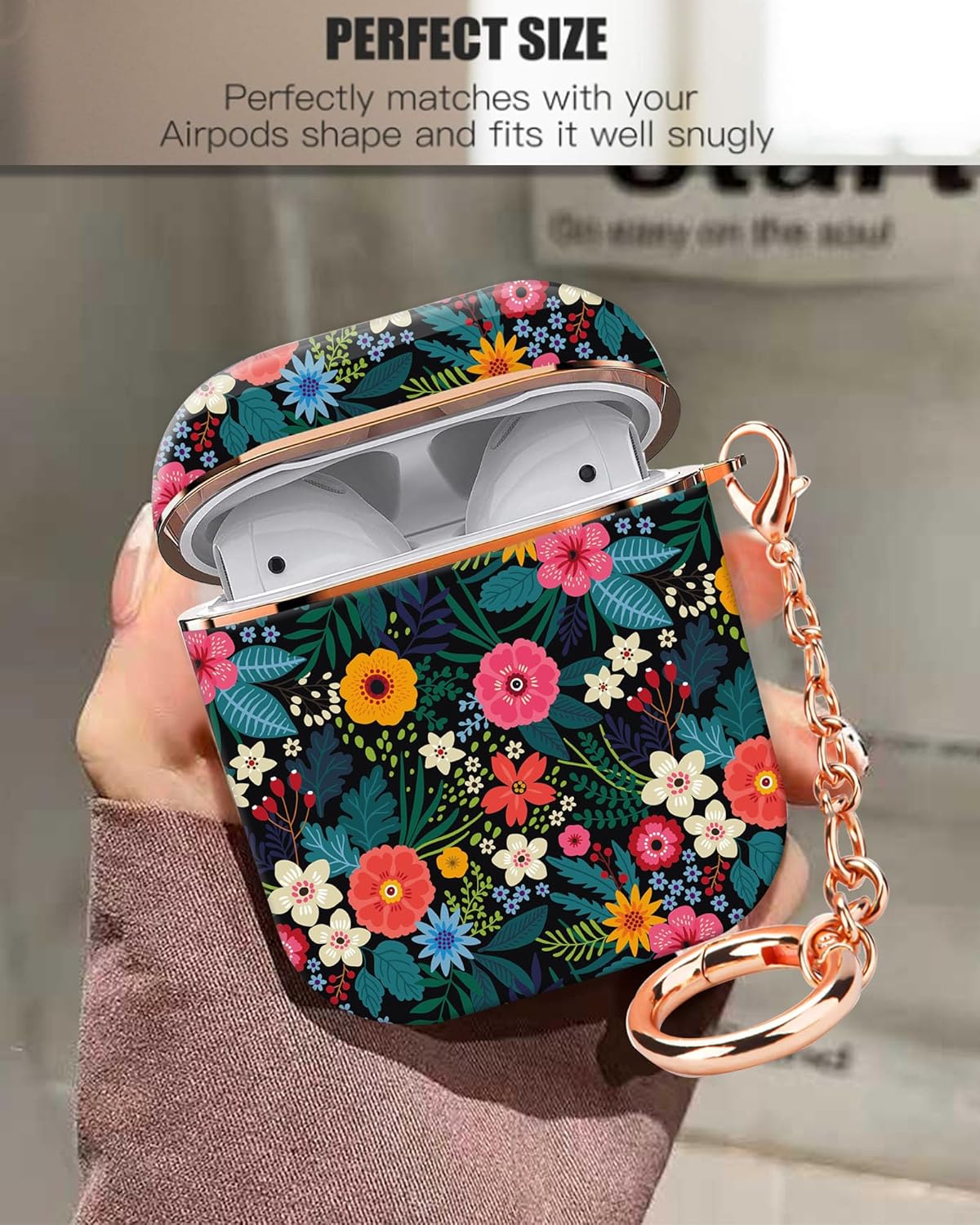 Funda para Airpod 1 y 2 de 2 generación, funda protectora a prueba de golpes con llavero de oro rosa para niñas, mujeres y hombres (flores y hojas