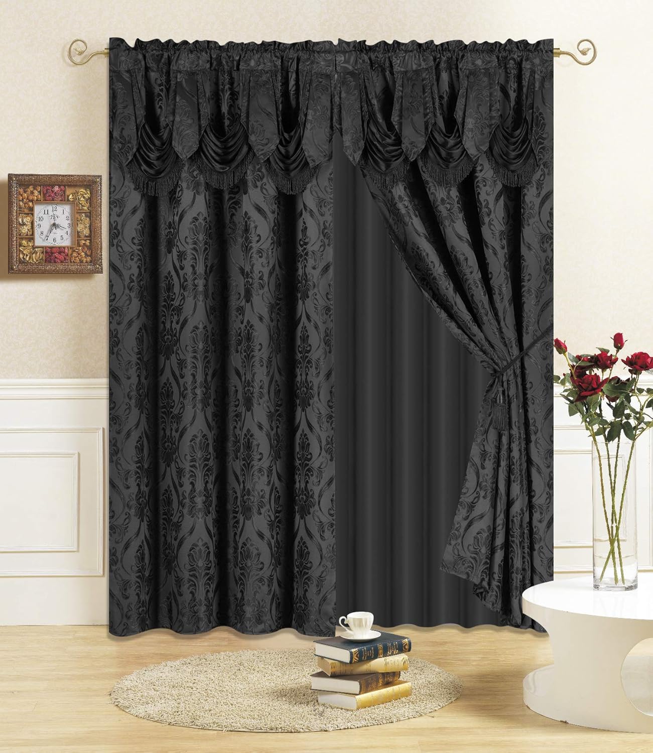 Colección Americana Juego de cortinas de 4 piezas con cenefa adjunta y transparente con 2 alzapaños incluidos.
