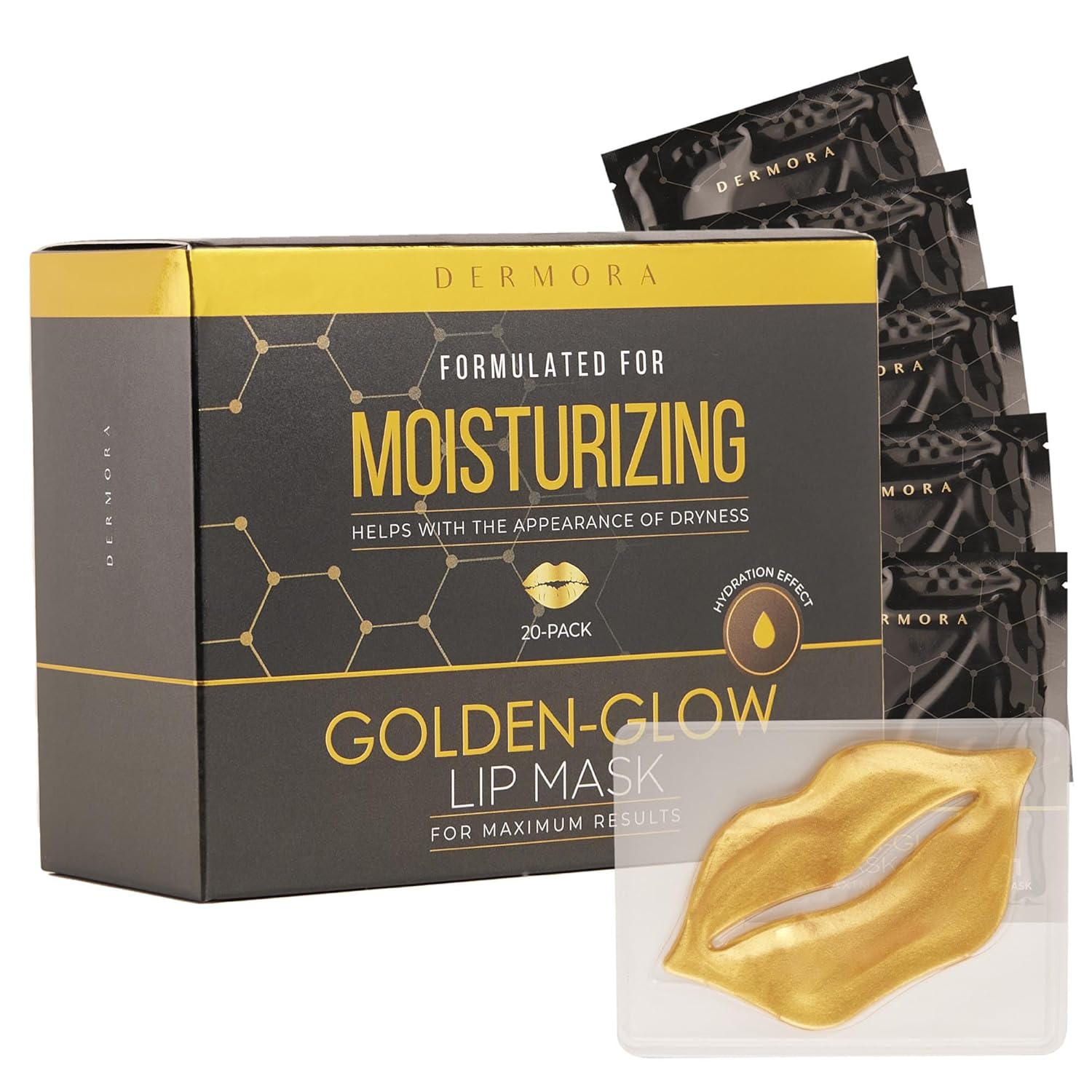 DERMORA Máscara de tratamiento de la piel, máscara de labios Golden Glow  Paquete de 20 máscaras de gel para labios  Máscaras de labios