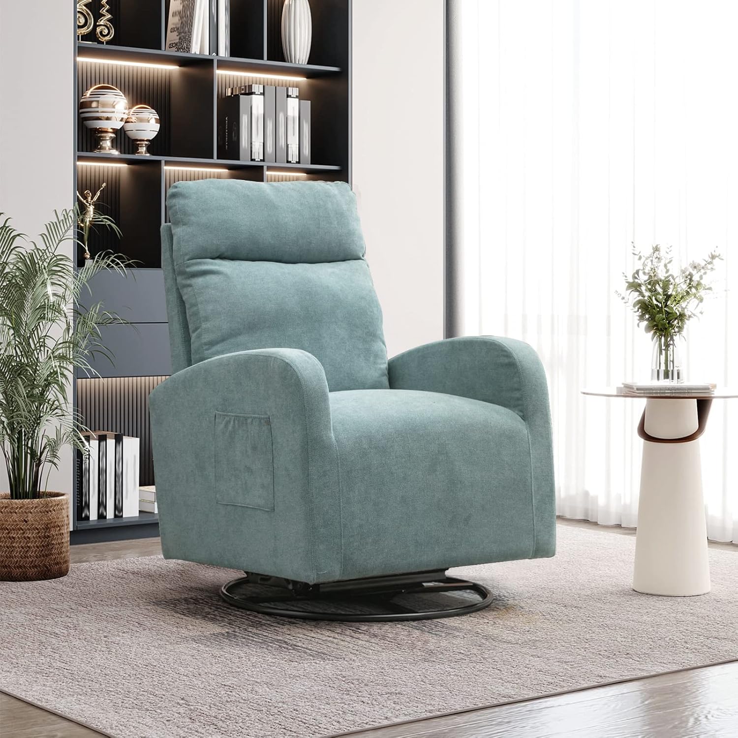 KINFFICT Silla giratoria moderna, mecedora tapizada para el cuarto del bebé, cómoda silla mecedora con respaldo alto con bolsillo lateral y