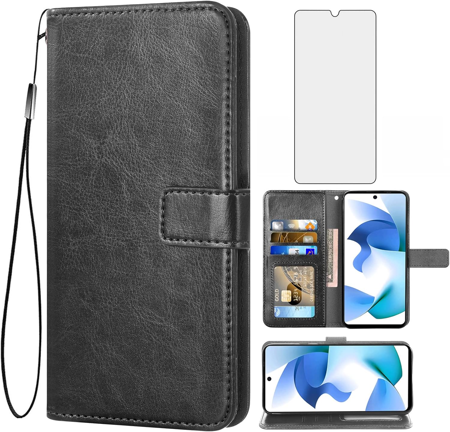 Asuwish Funda tipo cartera compatible con BLU F91 5G 2022, protector de pantalla de vidrio templado y soporte de cuero para tarjetas, accesorios