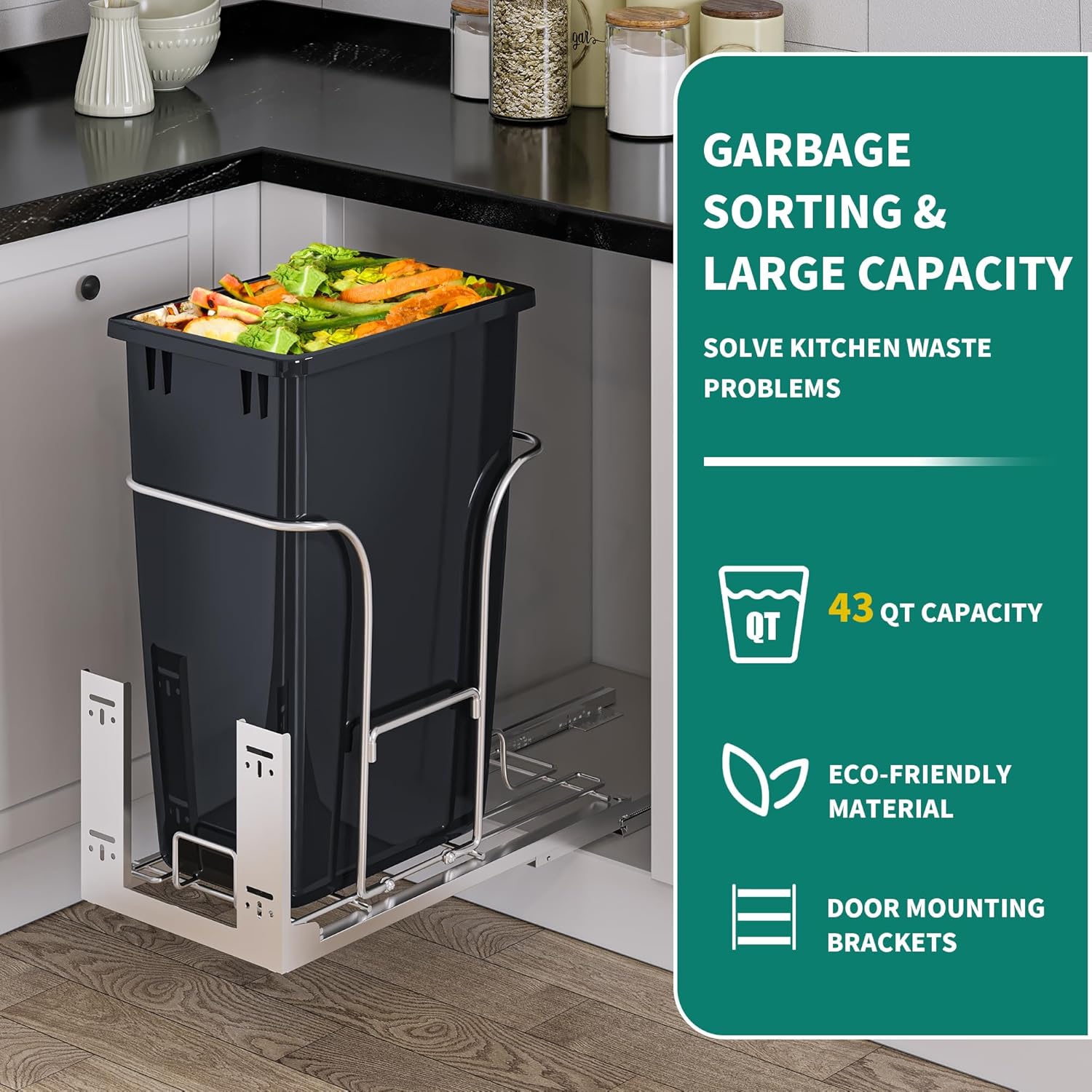 YITAHOME Contenedor de basura extraíble de 43 cuartos de galón (XL) con tapa para armarios mínimos de 14.2 pulgadas de ancho x 22.2 pulgadas de