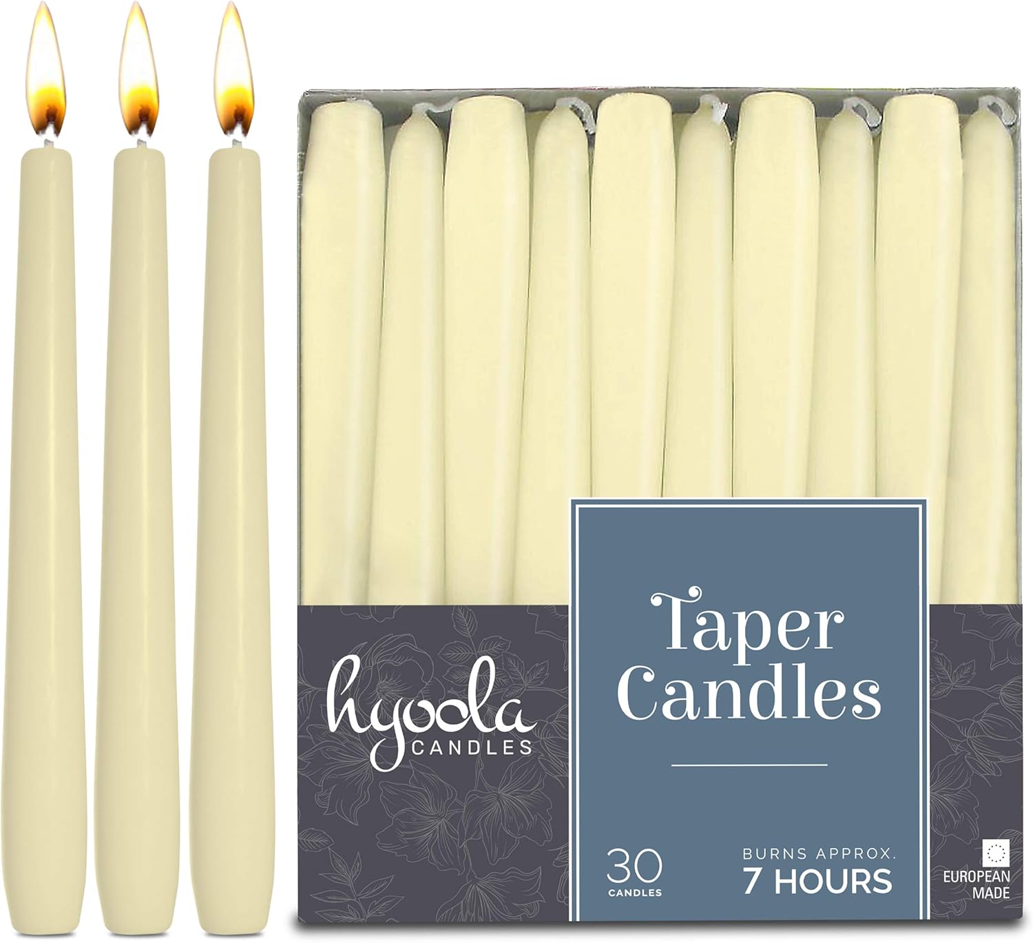 Hyoola Velas altas cónicas  Velas cónicas  Velas sin goteo color marfil  8 pulgadas (7.9 in)  7 horas de tiempo de combustión (paquete de 30)