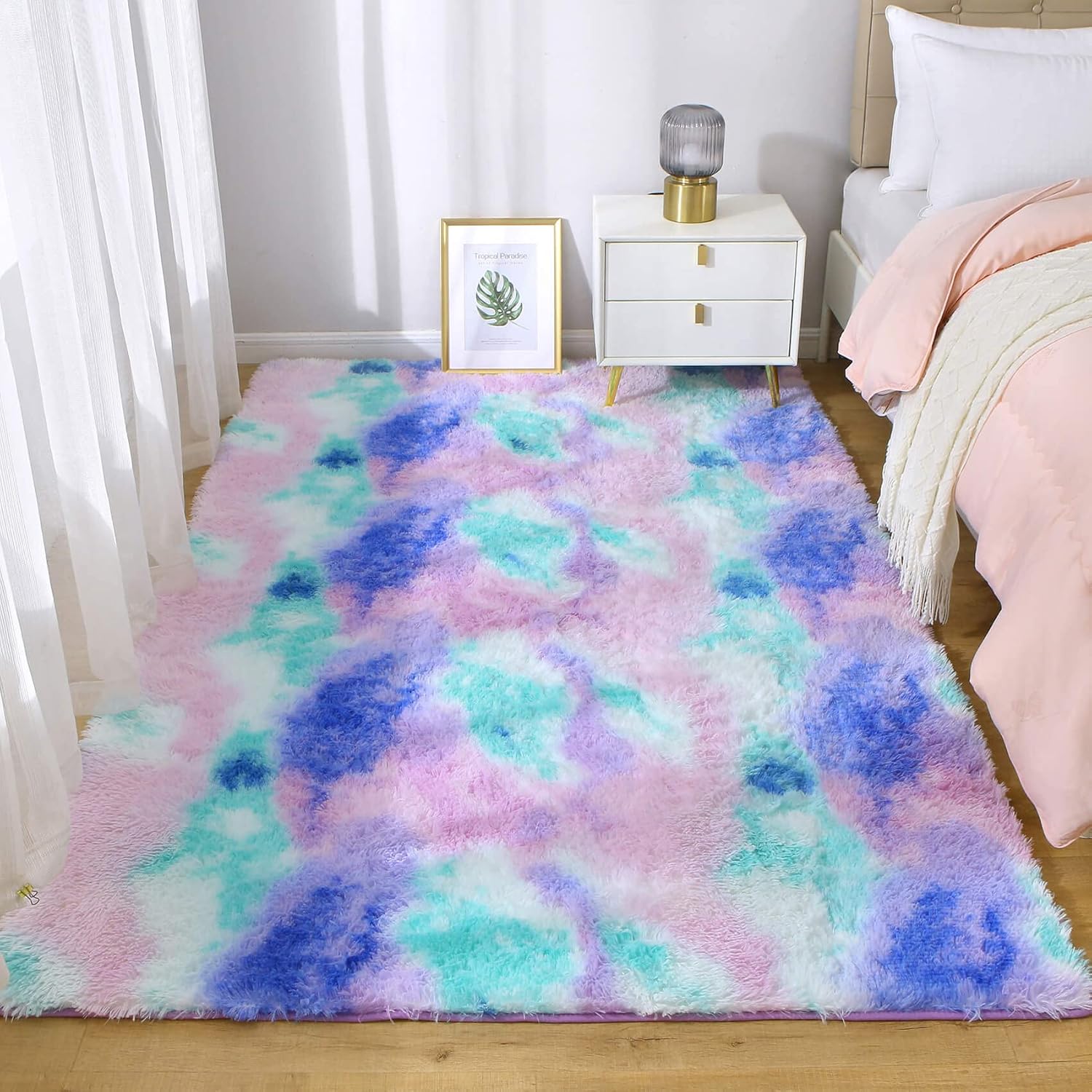 Ultra Soft Shaggy Rug for Bedroom, 4 x 6 Feet Modern Tie Dye Area Rug, Purple Blue Fluffy Carpet for Living Room, Kids Girls Room, Bedside, Home